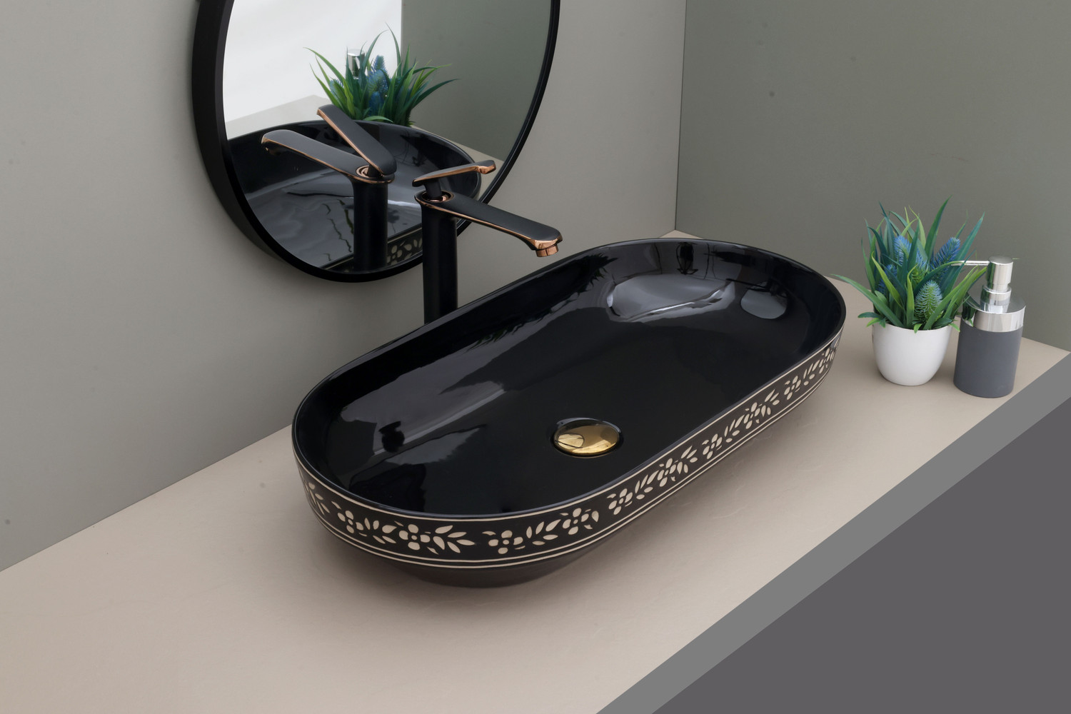 Image of SIMPLORA Veined Marble Look Vessel with Black Shades Organic Curved Veined Marble Look Vessel with Black Shades Organic Curved Table Top Basin (BLACK MARBLE MATT)