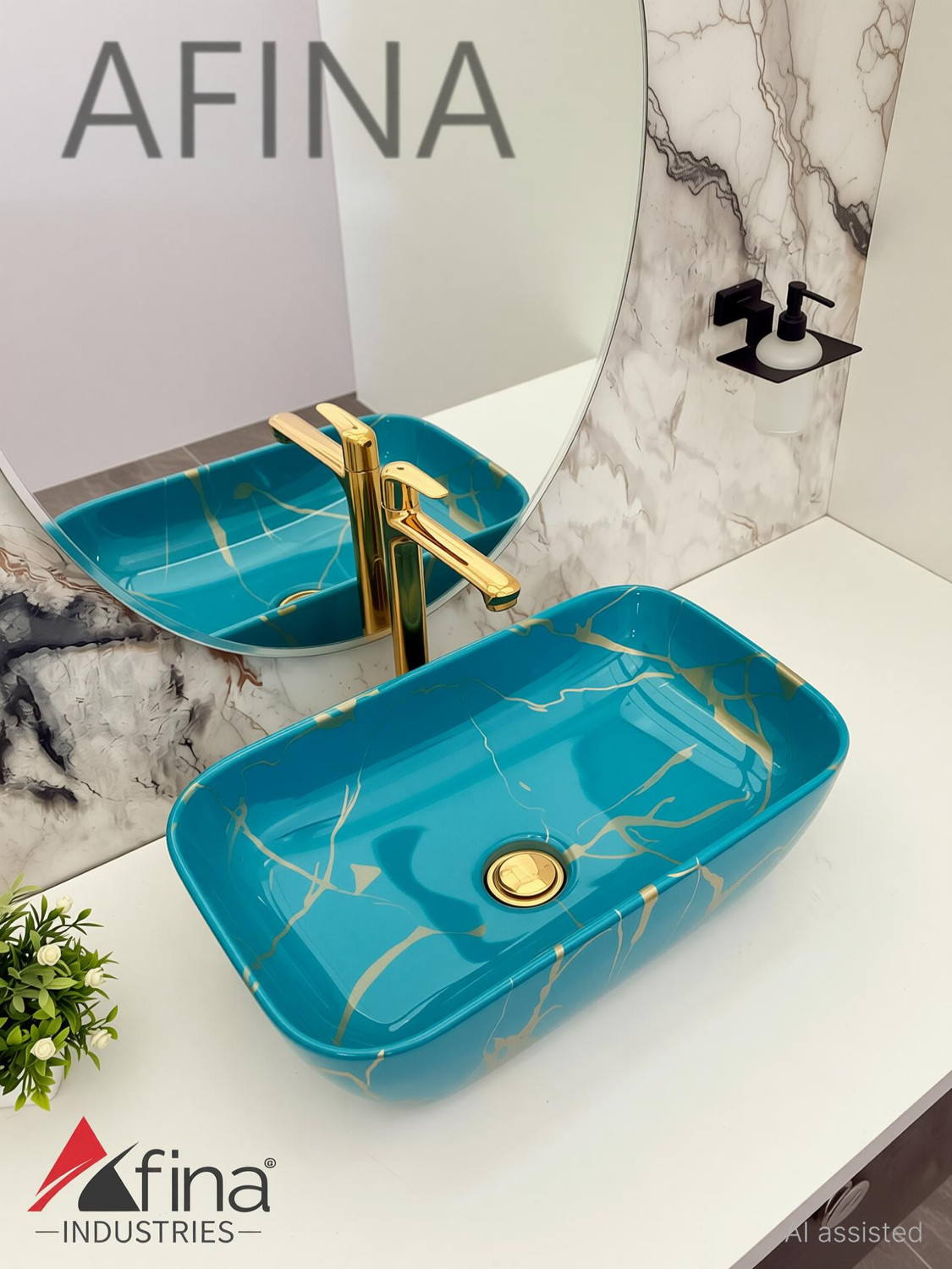 Image of AFINA INDUSTRIES Premium Designer Table Top Counter Top Very Stylish Ceramic Wash Basin AL1036 Very Stylish Bathroom Ceramic Glossy Wash Basin Table Top Basin Table Top Basin (RICH GOLD BLUE)