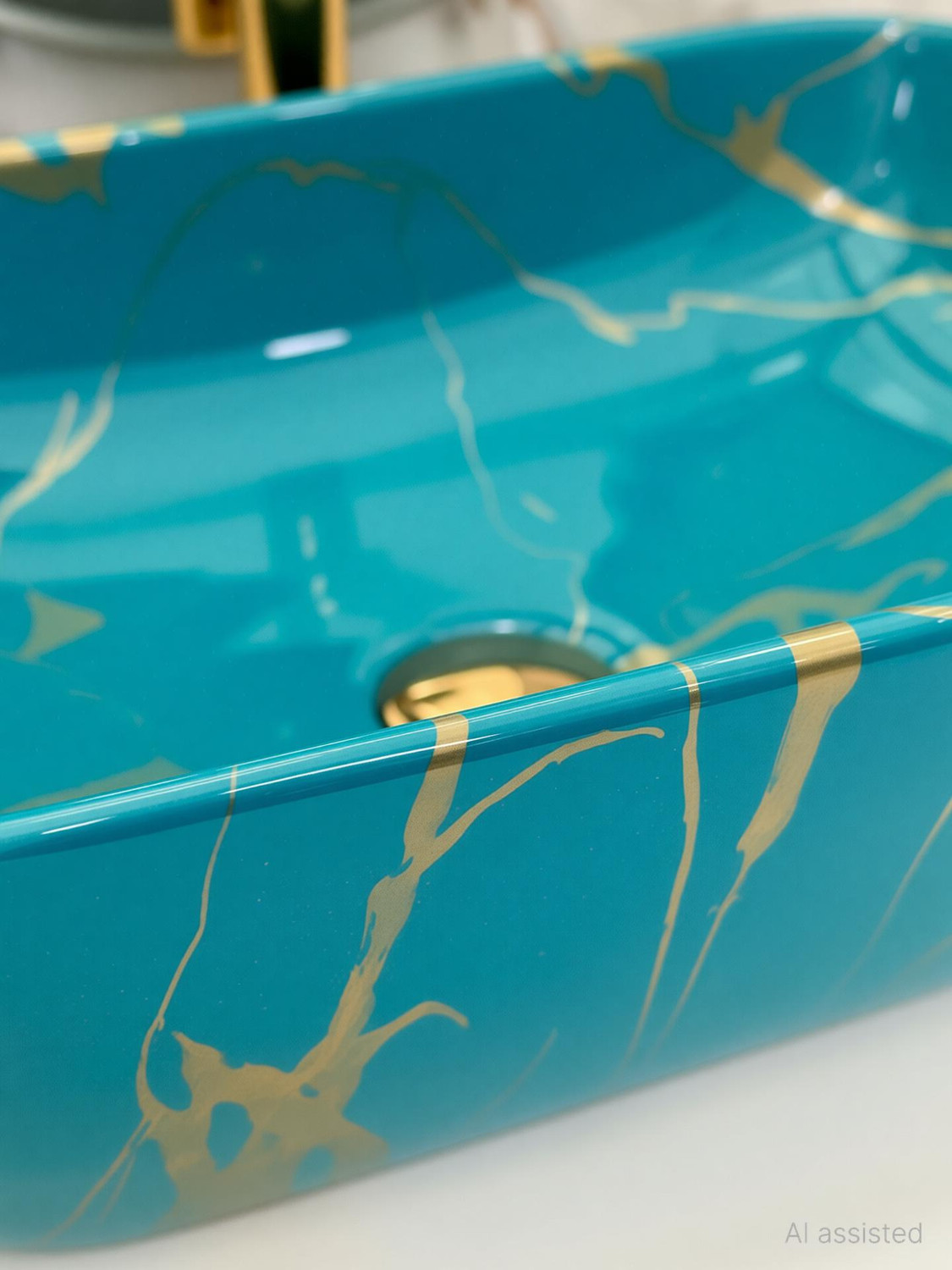 Image of AFINA INDUSTRIES Premium Designer Table Top Counter Top Very Stylish Ceramic Wash Basin AL1036 Very Stylish Bathroom Ceramic Glossy Wash Basin Table Top Basin Table Top Basin (RICH GOLD BLUE)