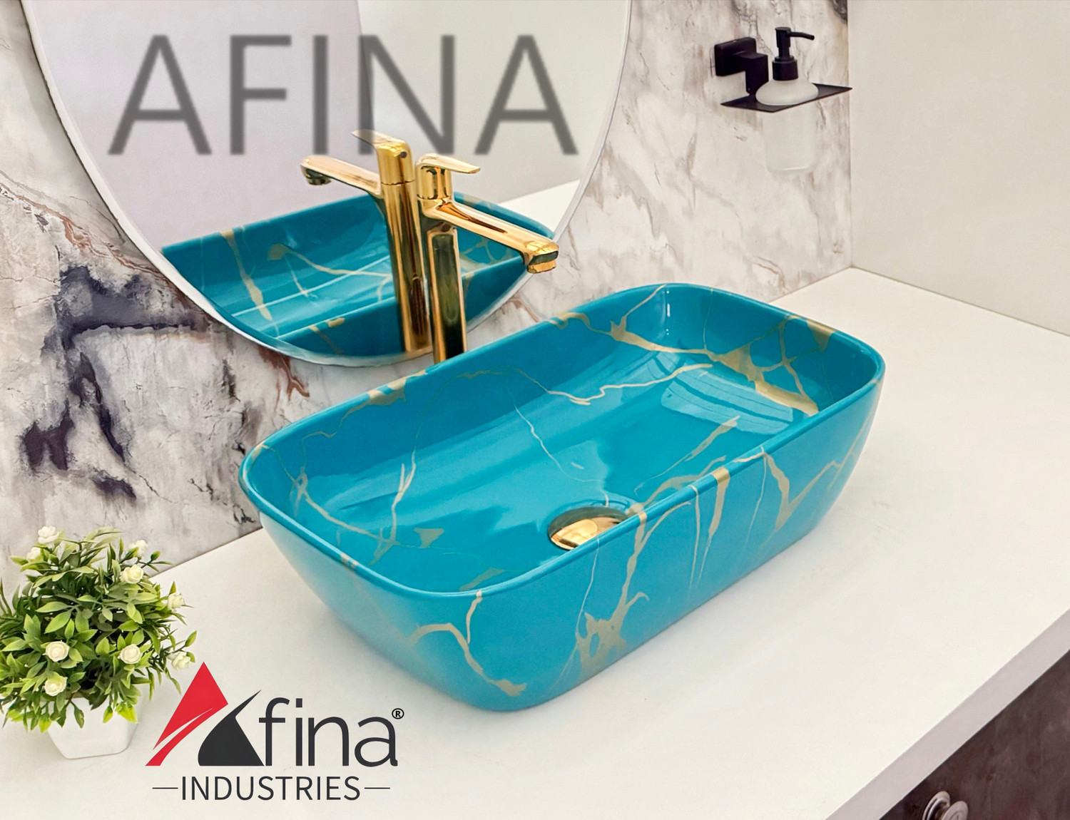 Image of AFINA INDUSTRIES Premium Designer Table Top Counter Top Very Stylish Ceramic Wash Basin AL1036 Very Stylish Bathroom Ceramic Glossy Wash Basin Table Top Basin Table Top Basin (RICH GOLD BLUE)