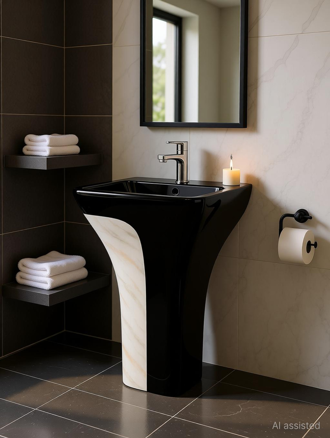 Image of CARA MARK |Handcrafted - Every Piece is Unique| Easy Clean | Ceramic | Hotel Style| NEW CONCEPT IN INDIA|DAMRU WASHBASIN| Pedestal Basin (BLACK AND MULTI COLOR SCRETCH PROOF ANTI BACTIREAL SURFACE)