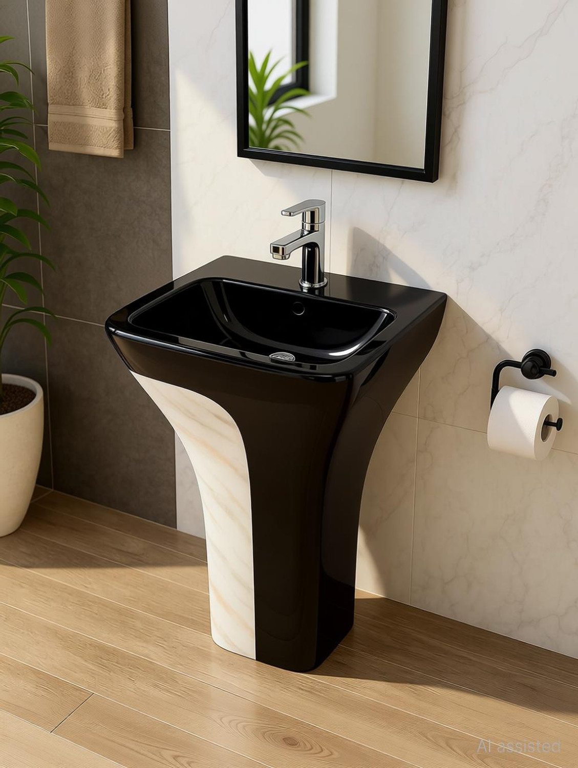 Image of CARA MARK |Handcrafted - Every Piece is Unique| Easy Clean | Ceramic | Hotel Style| NEW CONCEPT IN INDIA|DAMRU WASHBASIN| Pedestal Basin (BLACK AND MULTI COLOR SCRETCH PROOF ANTI BACTIREAL SURFACE)