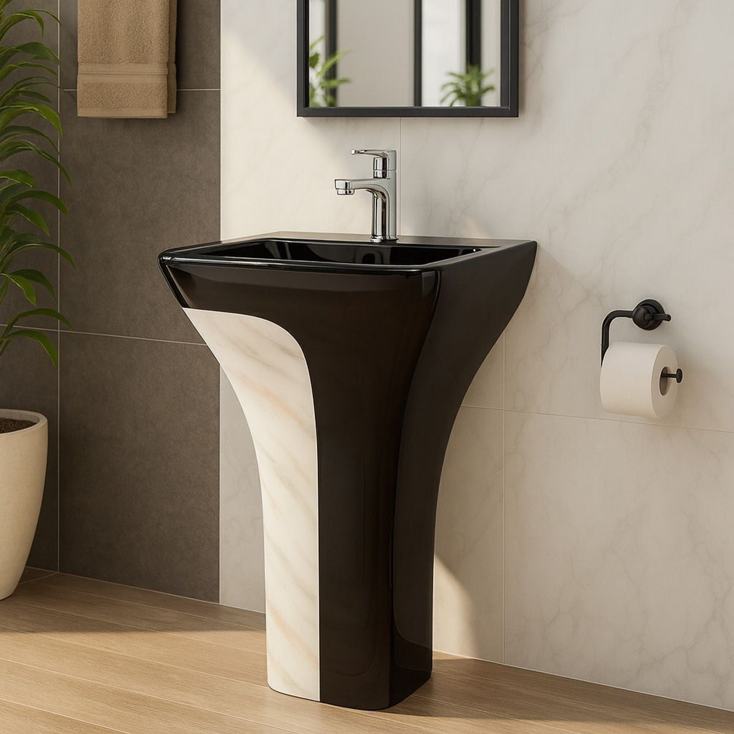 Image of CARA MARK |Handcrafted - Every Piece is Unique| Easy Clean | Ceramic | Hotel Style| NEW CONCEPT IN INDIA|DAMRU WASHBASIN| Pedestal Basin (BLACK AND MULTI COLOR SCRETCH PROOF ANTI BACTIREAL SURFACE)