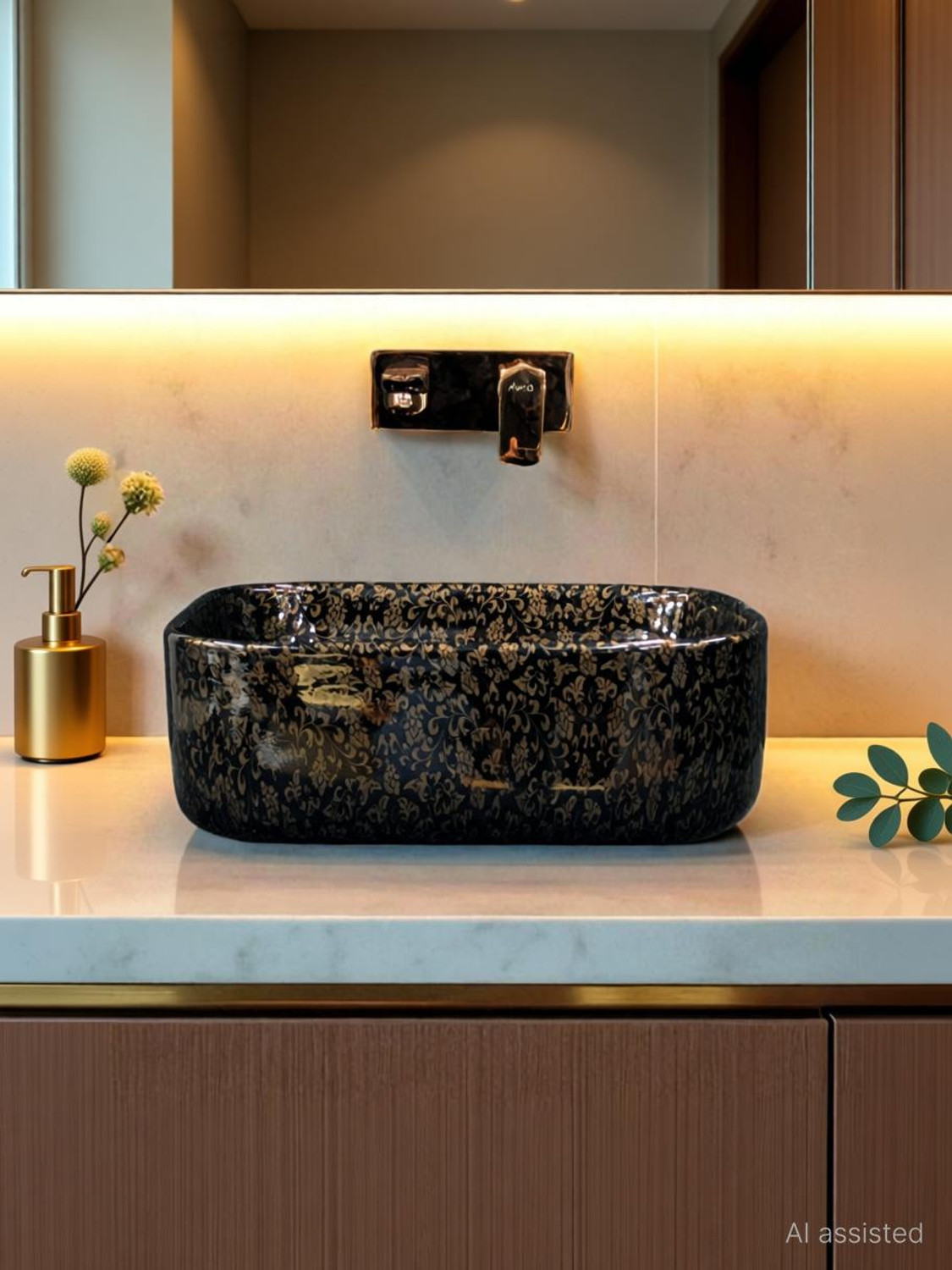 Image of AFINA INDUSTRIES Premium Designer Table Top Counter Top Very Stylish Ceramic Wash Basin AL1036 Very Stylish Bathroom Ceramic Glossy Wash Basin Table Top Basin Table Top Basin (RICH GOLD BLUE)