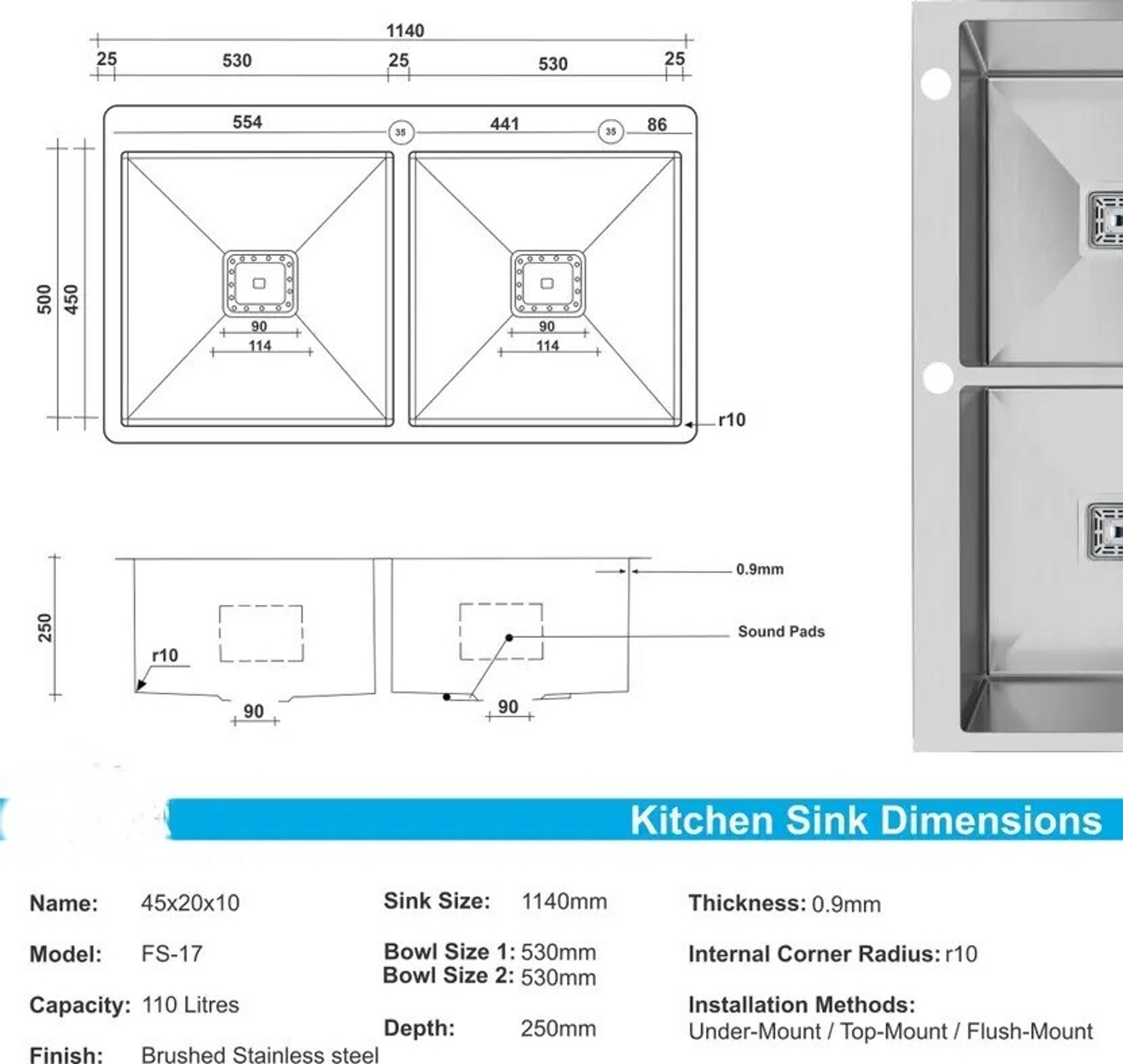 Image of Prestige HANDMADE KITCHEN TAPHOLE SINK 45 inch X 20 inch X 10 inch INCH DOUBLE BOWL SOUND-PROOF 304 Grade Handmade 45 inch X 20 inch X 10 inch Kitchen Taphole Sink Double Bowl Vessel Sink (Silver)