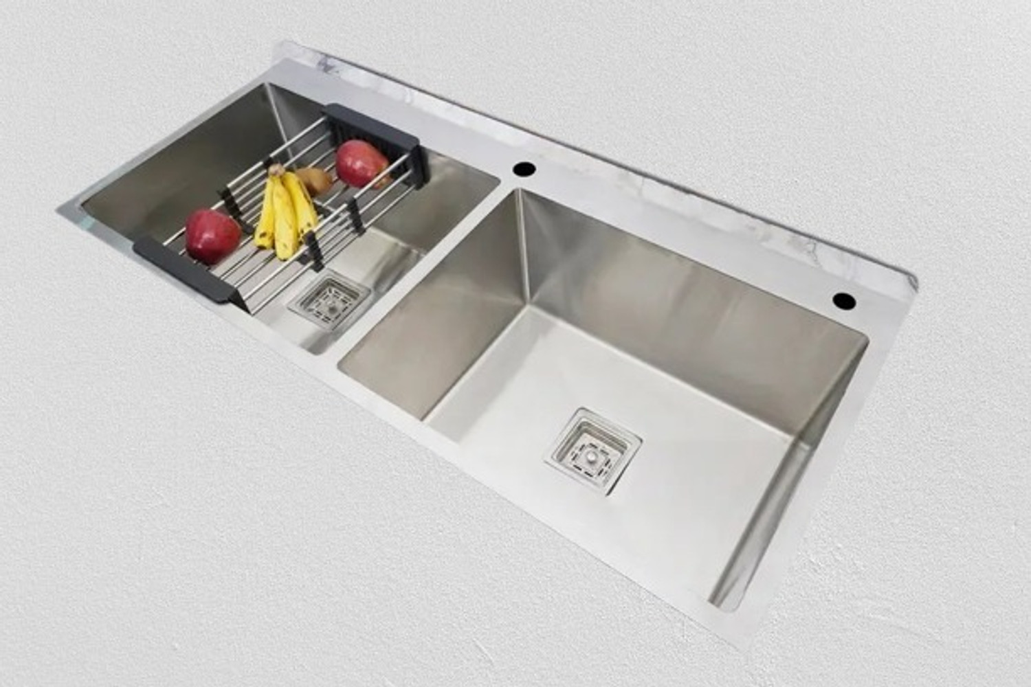Image of Prestige HANDMADE KITCHEN TAPHOLE SINK 45 inch X 20 inch X 10 inch INCH DOUBLE BOWL SOUND-PROOF 304 Grade Handmade 45 inch X 20 inch X 10 inch Kitchen Taphole Sink Double Bowl Vessel Sink (Silver)