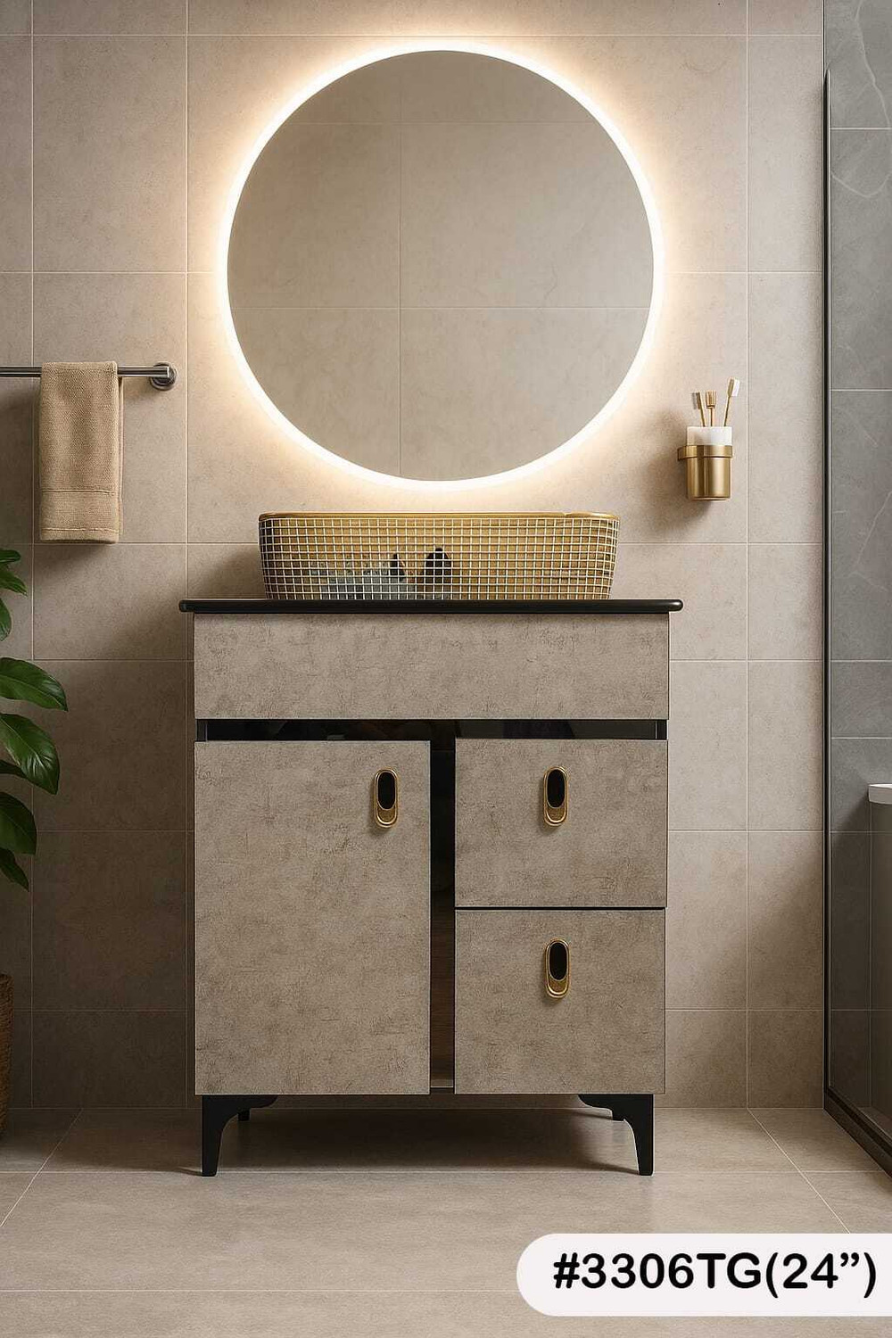Image of CARENS 24 inch 3306TG Freestanding Bathroom Vanity with Ceramic Wash Basin | 3 Drawer Storage Counter Top (Light, Gray)