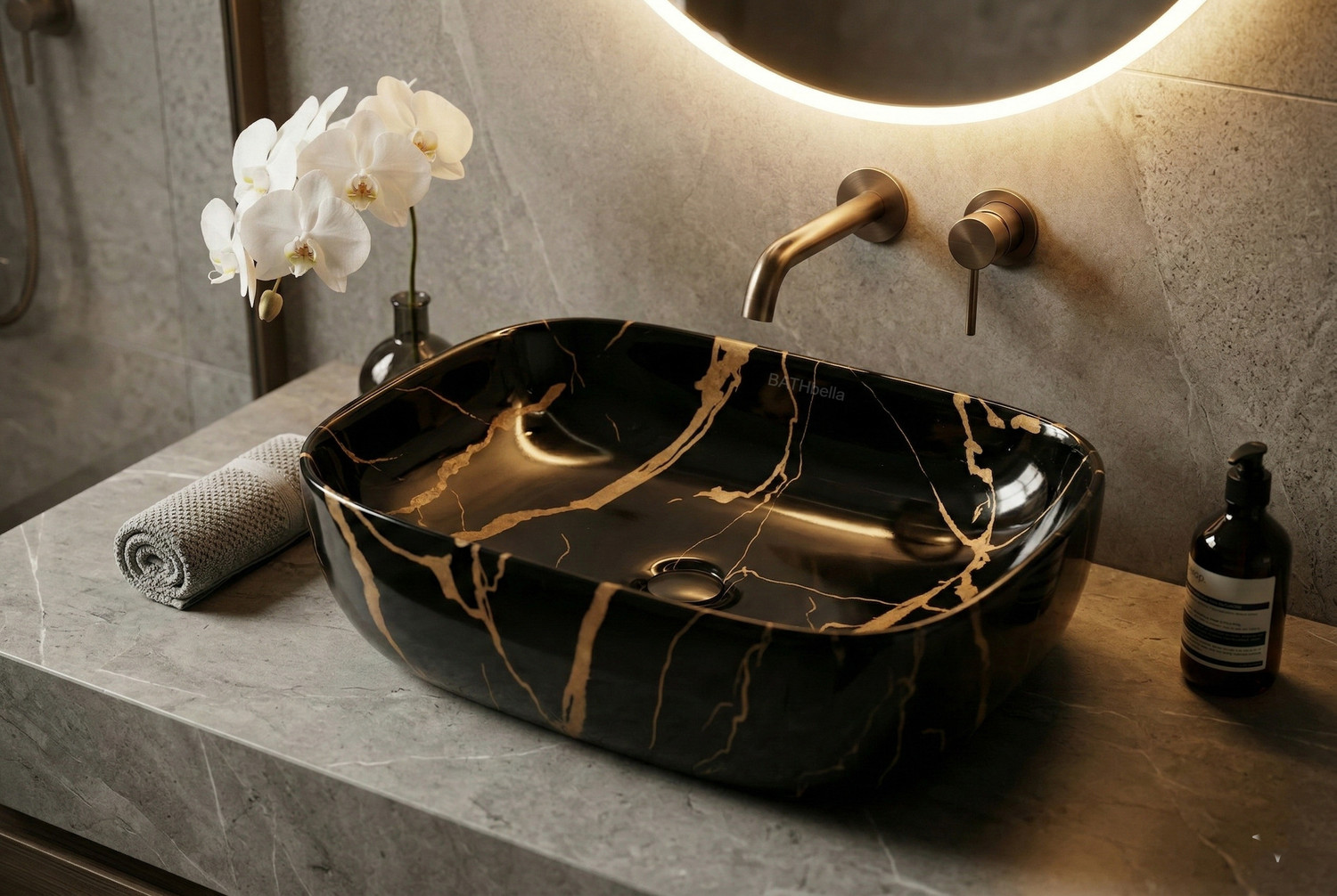 Image of Moro {ANTILA 234} Ceramic Table Top Wash Basin 12x16 Inch Rectangular Countertop Sink for Bathroom Table Top Basin (WHITE-BLACK)