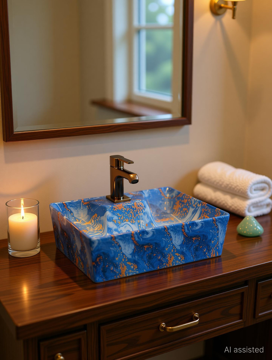 Image of AFINA INDUSTRIES Premium Designer Table Top Counter Top Very Stylish Ceramic Wash Basin AL1036 Very Stylish Bathroom Ceramic Glossy Wash Basin Table Top Basin Table Top Basin (RICH GOLD BLUE)