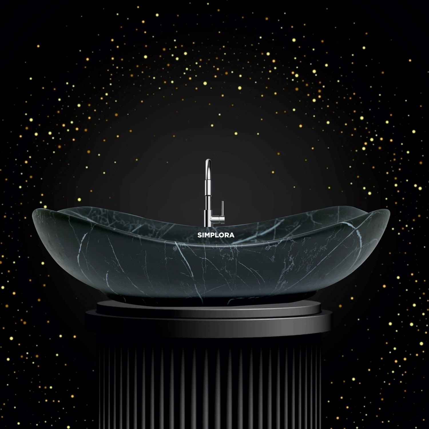 Image of SIMPLORA Veined Marble Look Vessel with Black Shades Organic Curved Veined Marble Look Vessel with Black Shades Organic Curved Table Top Basin (BLACK MARBLE MATT)