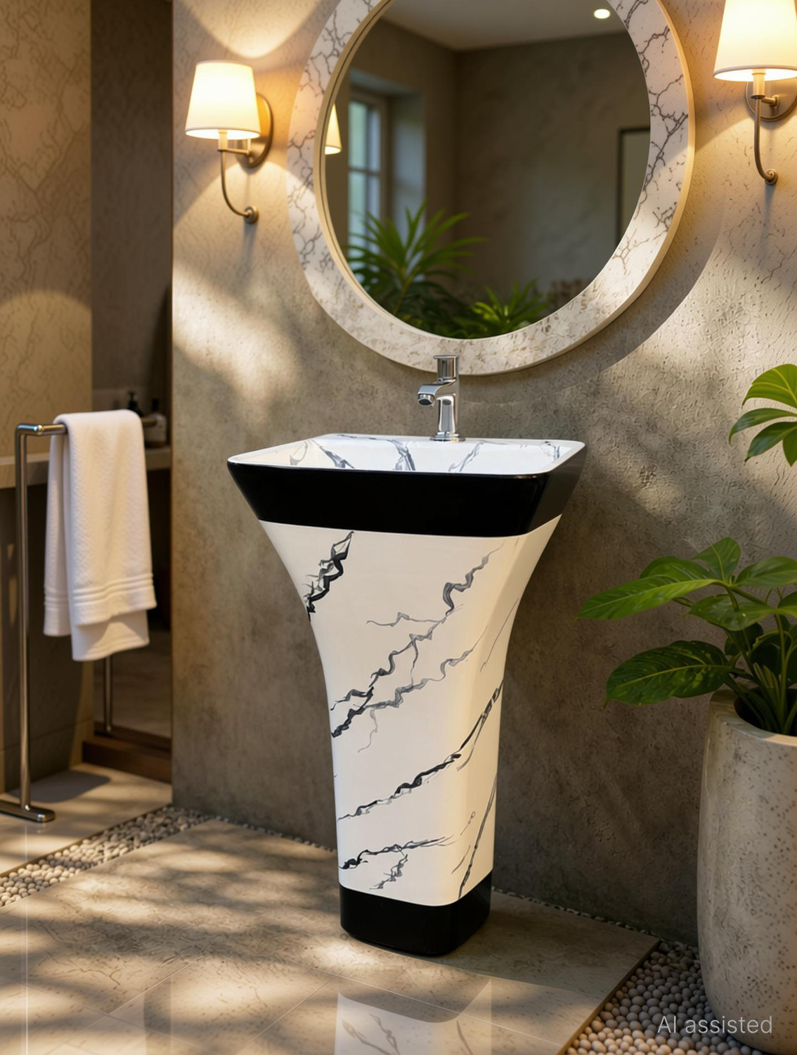 Image of CARA MARK |Handcrafted - Every Piece is Unique| Easy Clean | Ceramic | Hotel Style| NEW CONCEPT IN INDIA|DAMRU WASHBASIN| Pedestal Basin (BLACK AND MULTI COLOR SCRETCH PROOF ANTI BACTIREAL SURFACE)