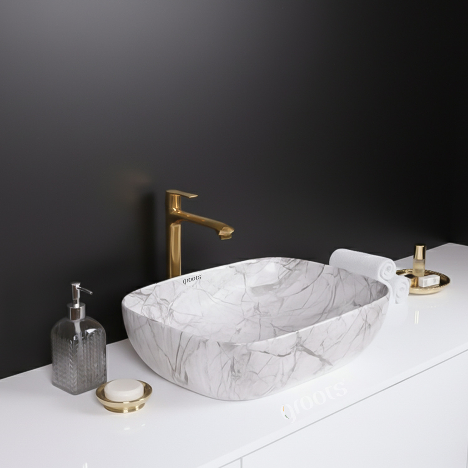 Image of SIMPLORA Veined Marble Look Vessel with Black Shades Organic Curved Veined Marble Look Vessel with Black Shades Organic Curved Table Top Basin (BLACK MARBLE MATT)