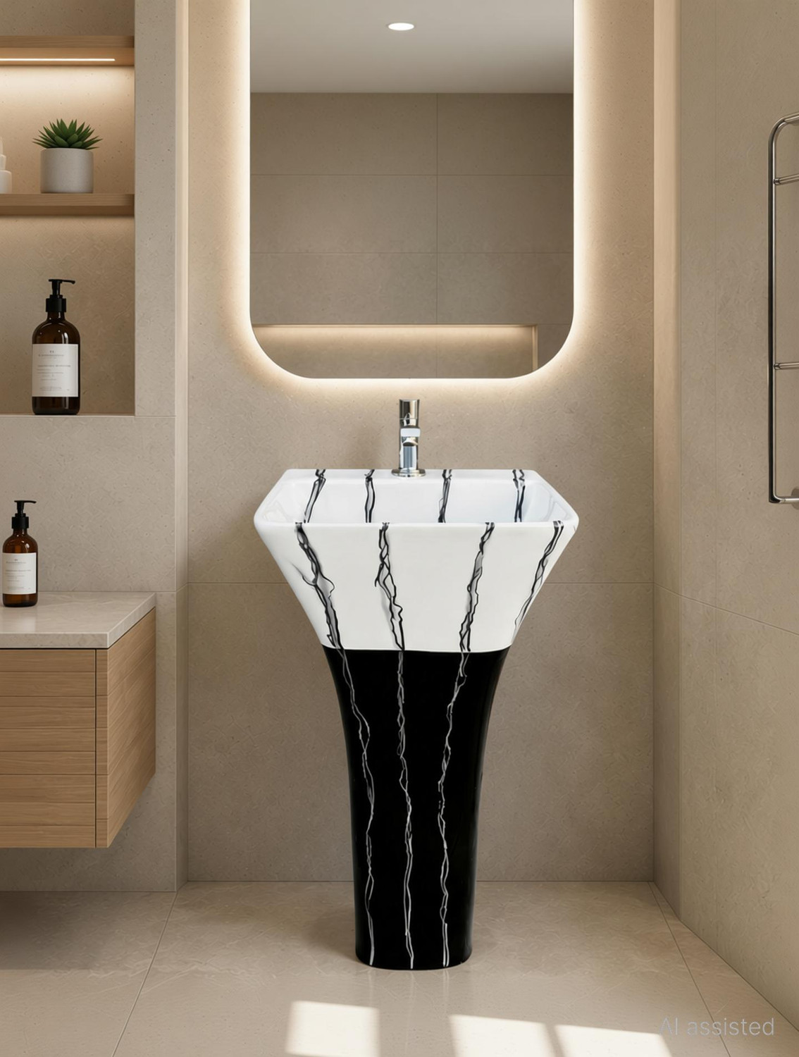 Image of CARA MARK |Handcrafted - Every Piece is Unique| Easy Clean | Ceramic | Hotel Style| NEW CONCEPT IN INDIA|DAMRU WASHBASIN| Pedestal Basin (BLACK AND MULTI COLOR SCRETCH PROOF ANTI BACTIREAL SURFACE)