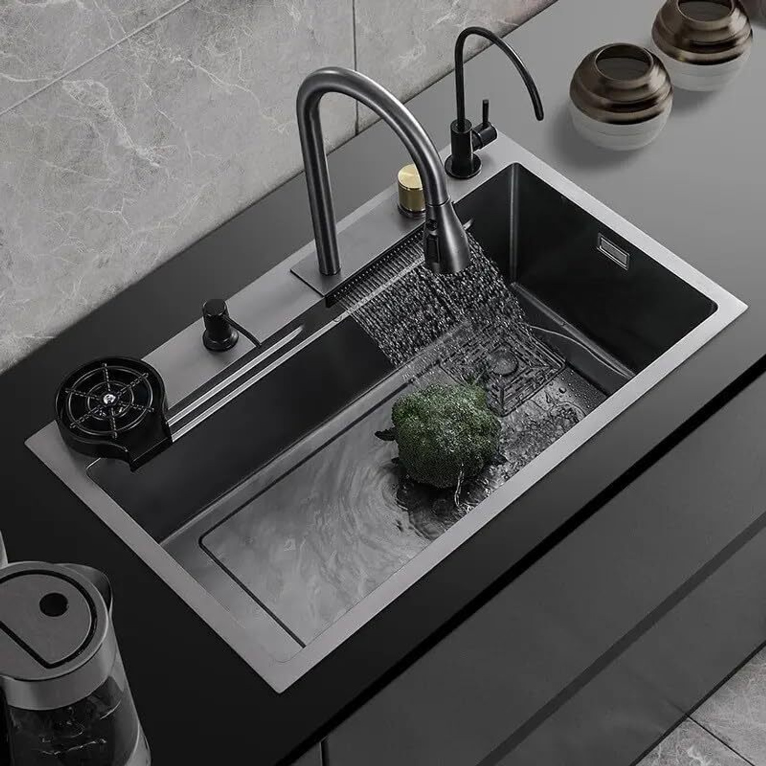 Image of Prestige HANDMADE KITCHEN TAPHOLE SINK 45 inch X 20 inch X 10 inch INCH DOUBLE BOWL SOUND-PROOF 304 Grade Handmade 45 inch X 20 inch X 10 inch Kitchen Taphole Sink Double Bowl Vessel Sink (Silver)
