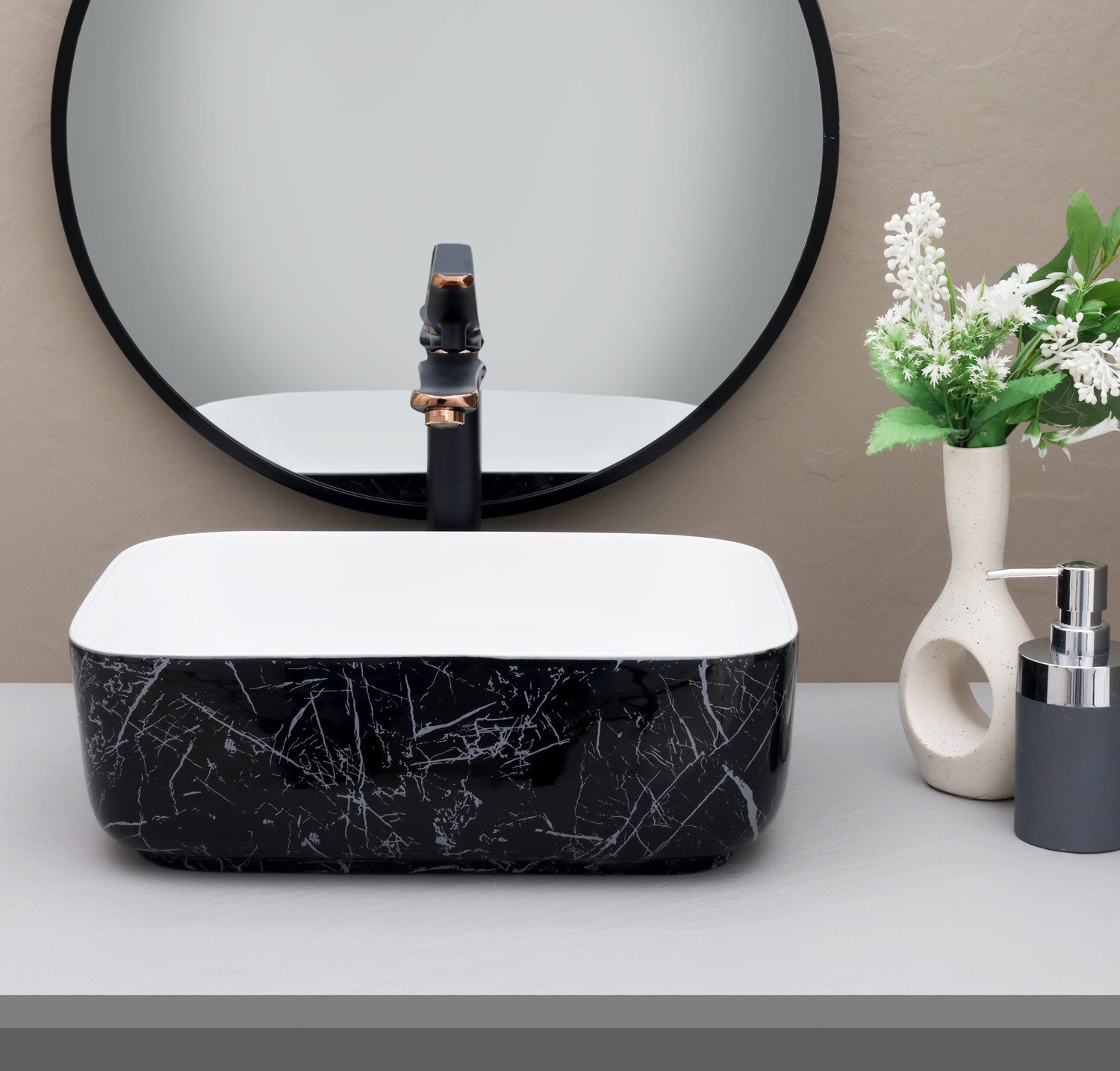 Image of Moro {ANTILA 234} Ceramic Table Top Wash Basin 12x16 Inch Rectangular Countertop Sink for Bathroom Table Top Basin (WHITE-BLACK)