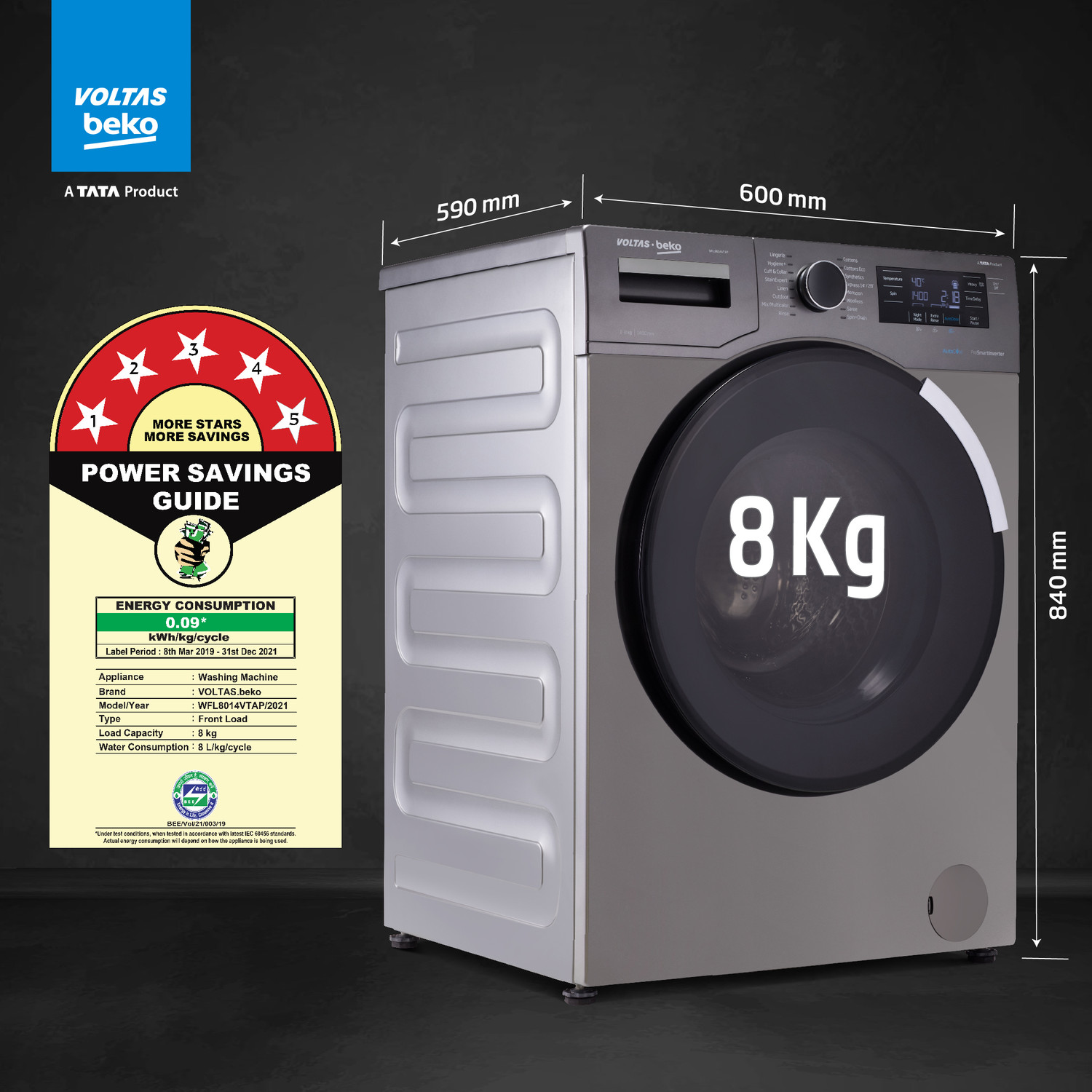 Image of Voltas Beko 8 kg Fully Automatic Front Load with In-built Heater Grey, Black (WFL8014VTAP)