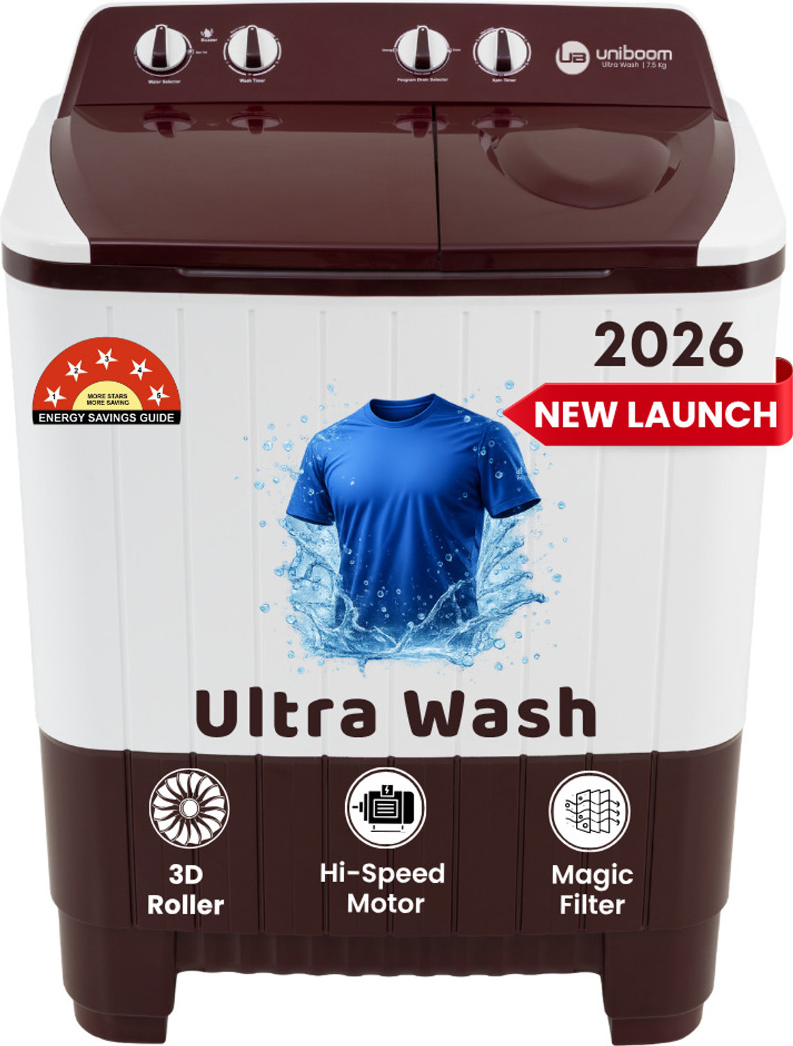 Image of Uniboom 6.5 kg Semi Automatic Top Load Maroon, White (UBSA-65VR-WM)