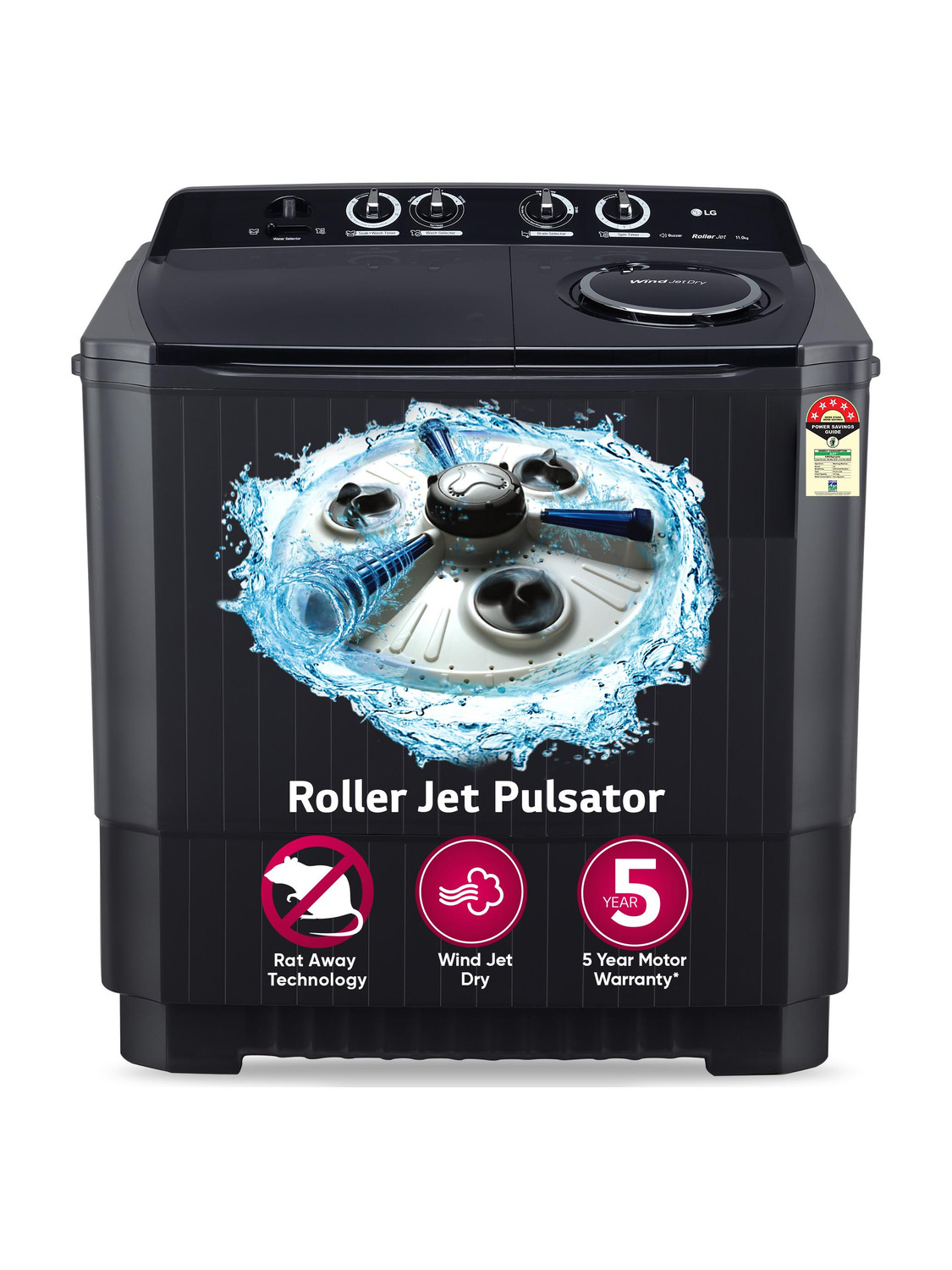 LG 11 kg Semi Automatic Top Load Black - Image 1