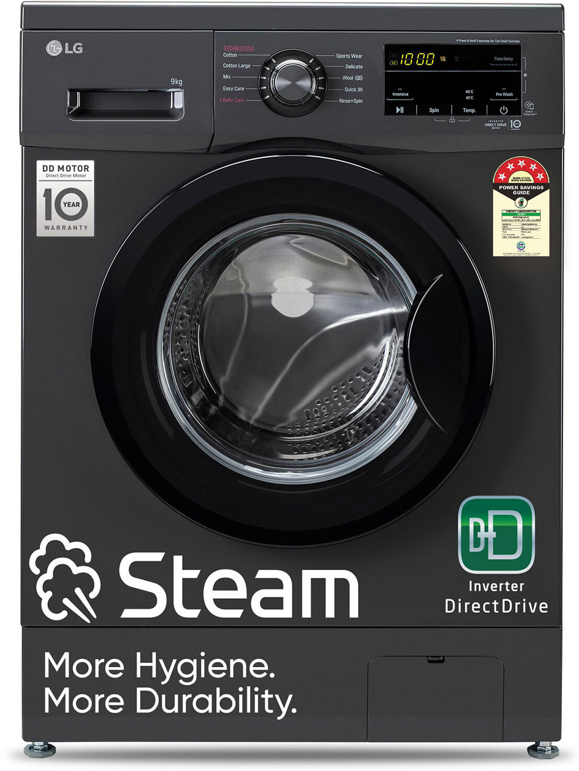 Image of LG 9 kg 5 Star with Steam, Inverter Direct Drive, 6 Motion Direct Drive, Touch Panel and 1400 RPM Fully Automatic Front Load with In-built Heater Black (FHM1409BDM)