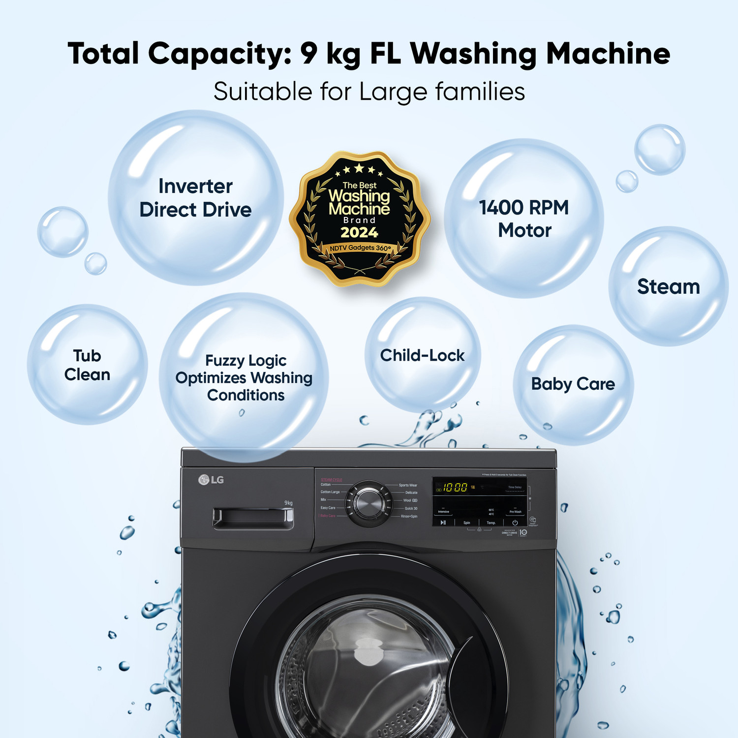 Image of LG 9 kg 5 Star with Steam, Inverter Direct Drive, 6 Motion Direct Drive, Touch Panel and 1400 RPM Fully Automatic Front Load with In-built Heater Black (FHM1409BDM)