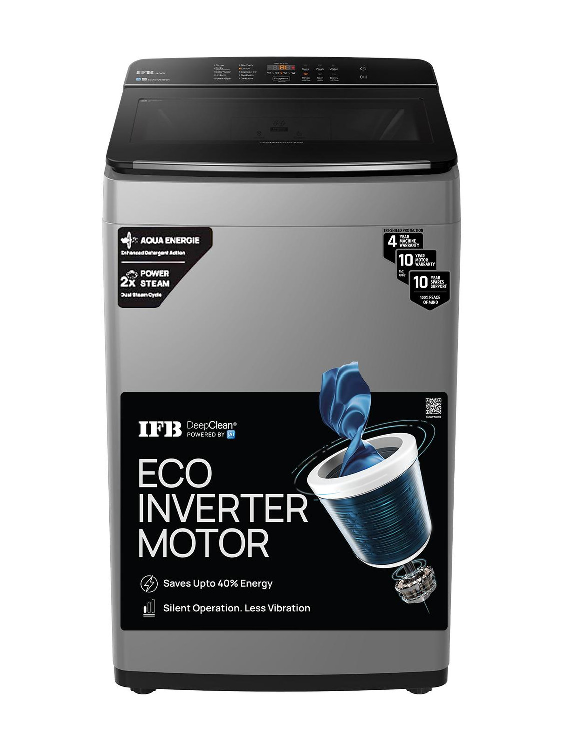 IFB 8 kg Eco Inverter Motor, Aqua Energie, ActivMix, Soft Close Door, Auto Tub Clean, DeepClean Powered by Ai Fully Automatic Top Load Washing Machine Grey