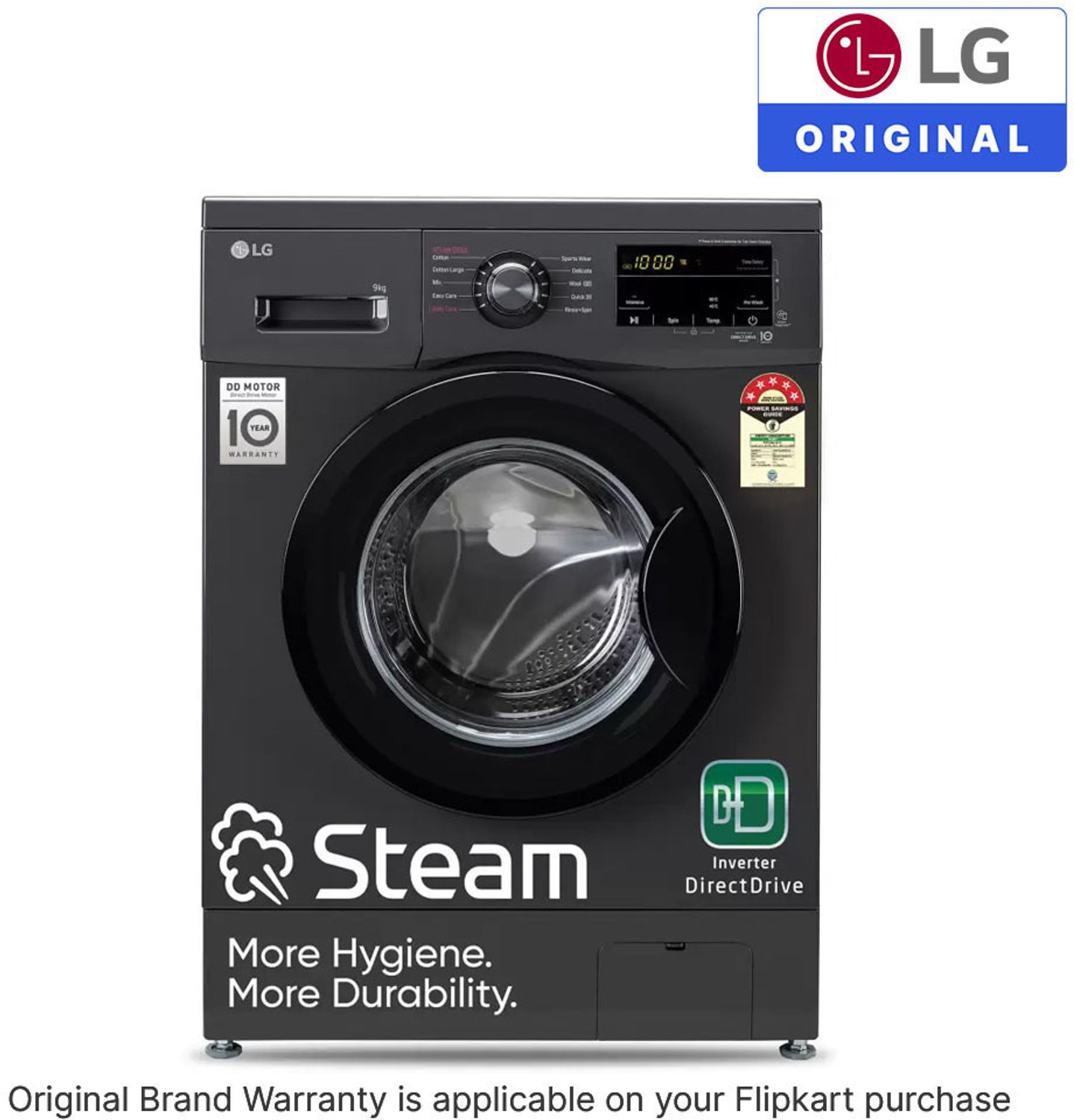 Image of LG 9 kg 5 Star with Steam, Inverter Direct Drive, 6 Motion Direct Drive, Touch Panel and 1400 RPM Fully Automatic Front Load with In-built Heater Black (FHM1409BDM)