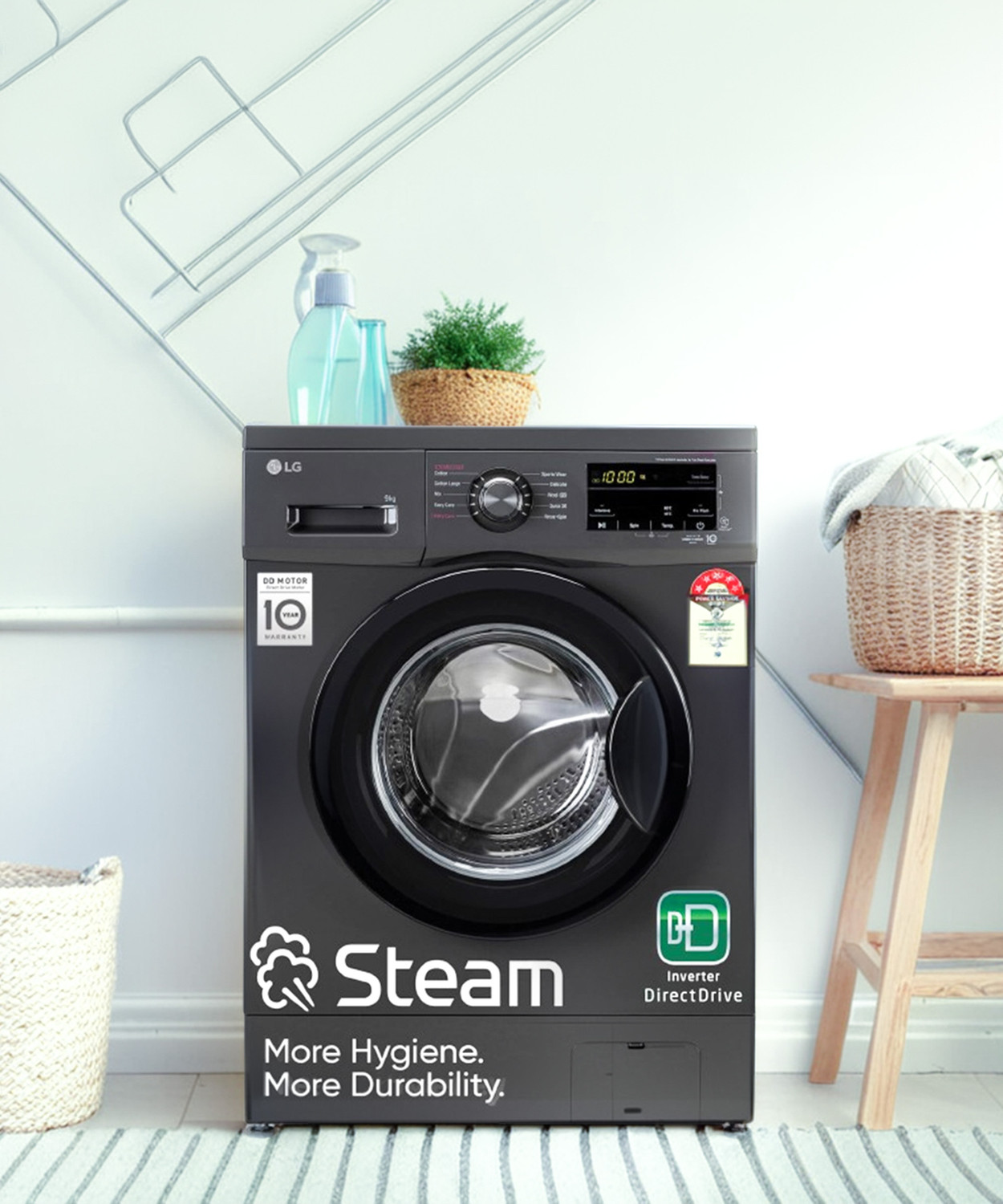 Image of LG 9 kg 5 Star with Steam, Inverter Direct Drive, 6 Motion Direct Drive, Touch Panel and 1400 RPM Fully Automatic Front Load with In-built Heater Black (FHM1409BDM)