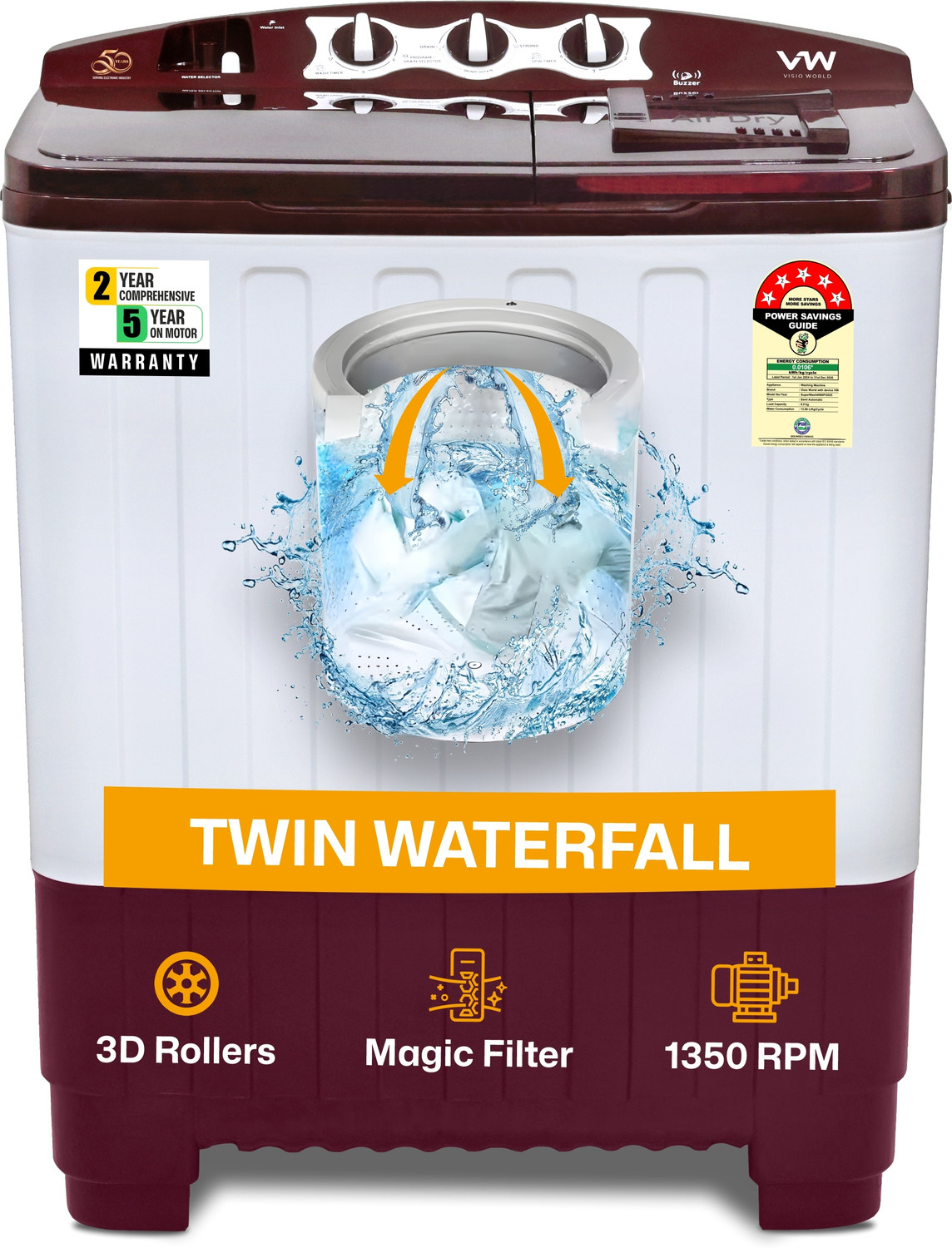Image of Uniboom 6.5 kg Semi Automatic Top Load Maroon, White (UBSA-65VR-WM)