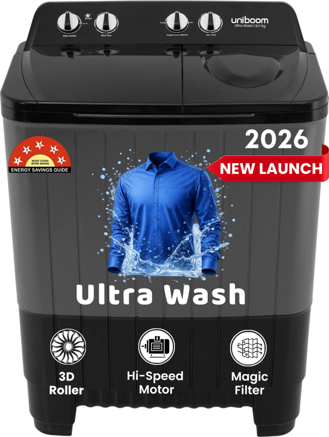 Image of Uniboom 6.5 kg Semi Automatic Top Load Grey, White (UBSA-65VR-WG)