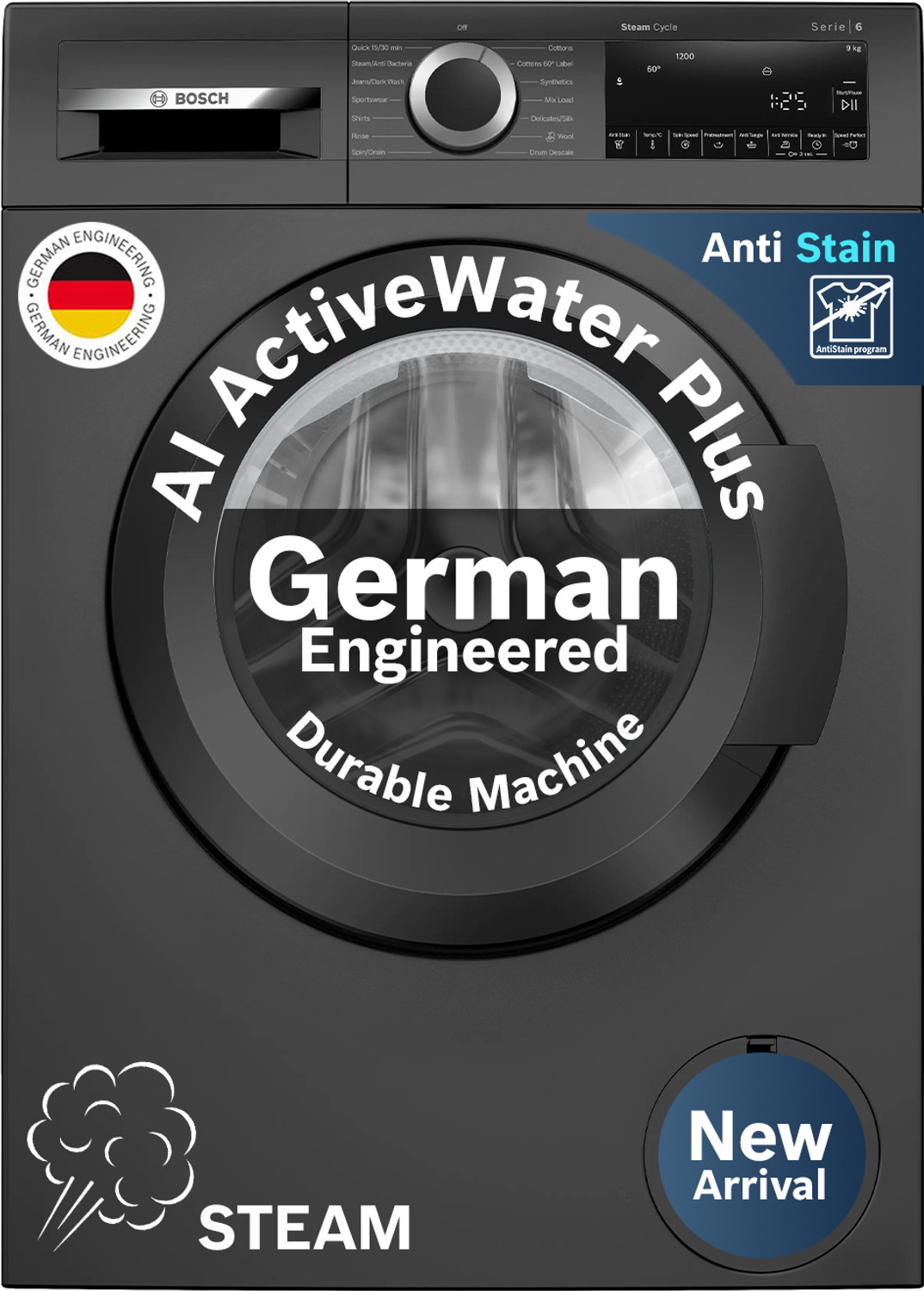 Image of LG 9 kg 5 Star with Steam, Inverter Direct Drive, 6 Motion Direct Drive, Touch Panel and 1400 RPM Fully Automatic Front Load with In-built Heater Black (FHM1409BDM)