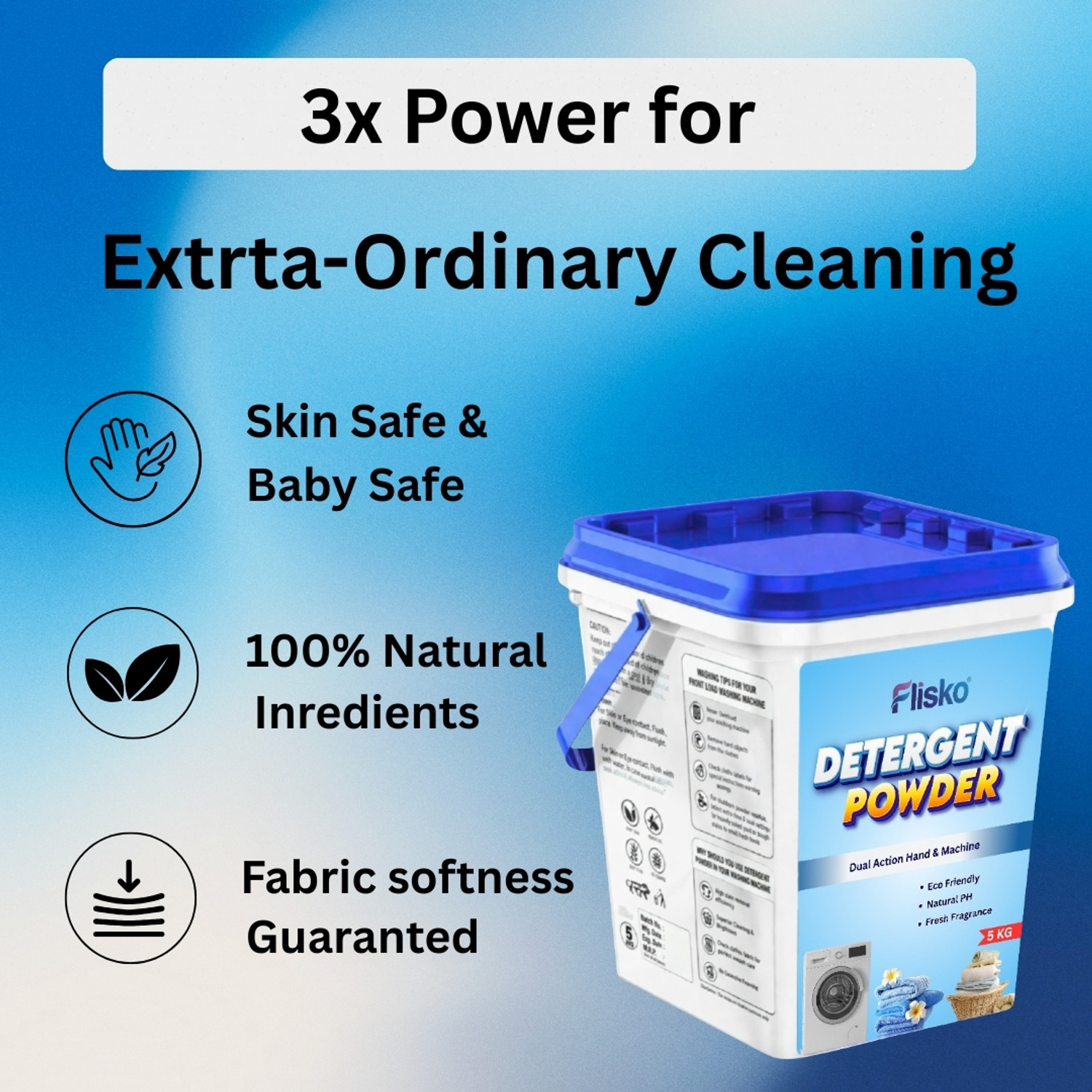 Image of Flisko Detergent Powder 5KG Powerful Wash Formula Bright Clothes Fresh Fragrance Detergent Powder (Fresh) (5 kg)