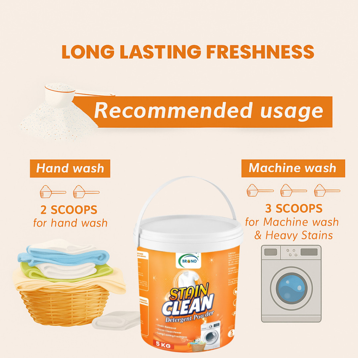 Image of Brono Color Protection, Detergent Powder for Top & Front Load, orange Detergent Powder (10 kg)