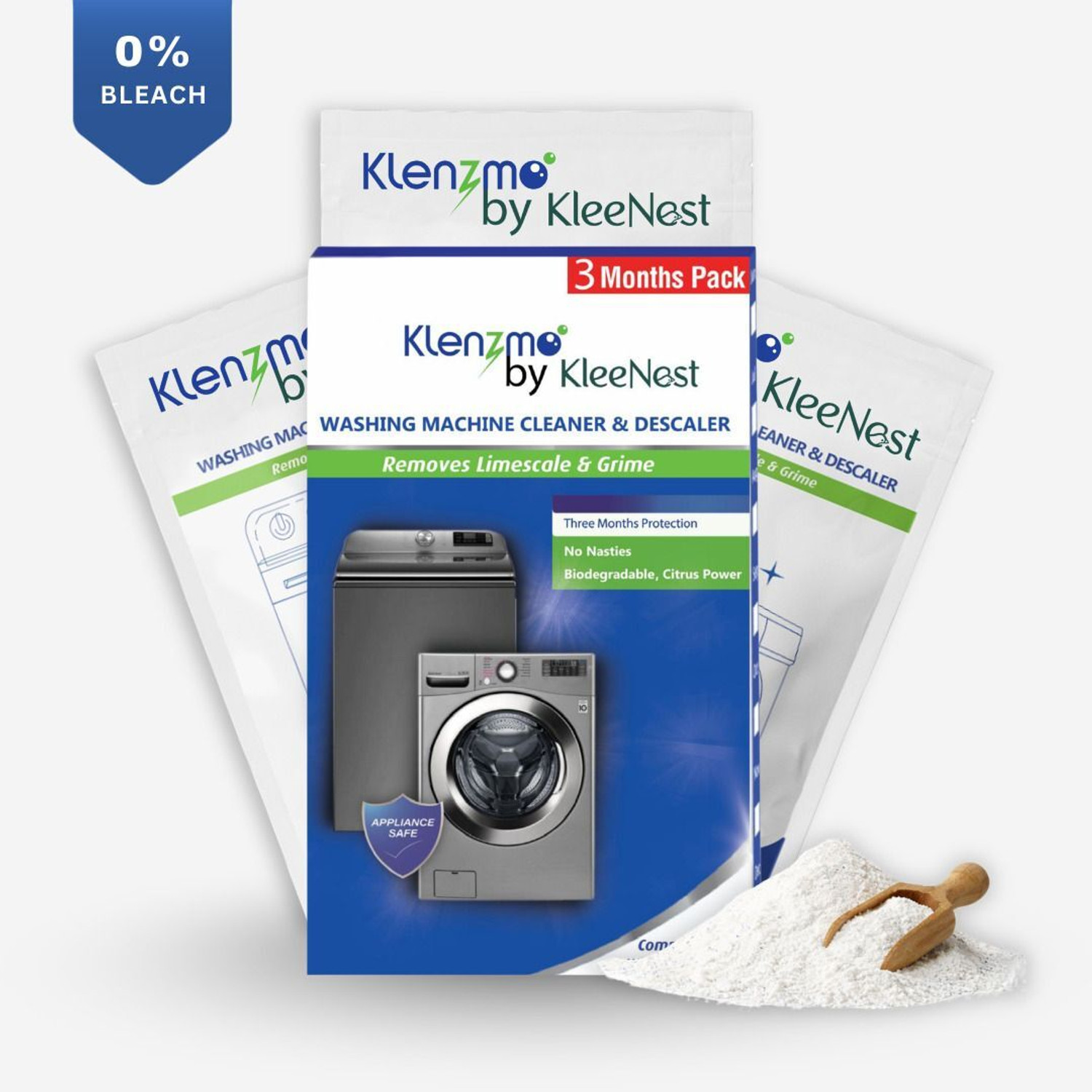 Image of Klenzmo Washine Machine cleaner and descaler for front and top load (Pack of3) Descaler (Original) (180 g)