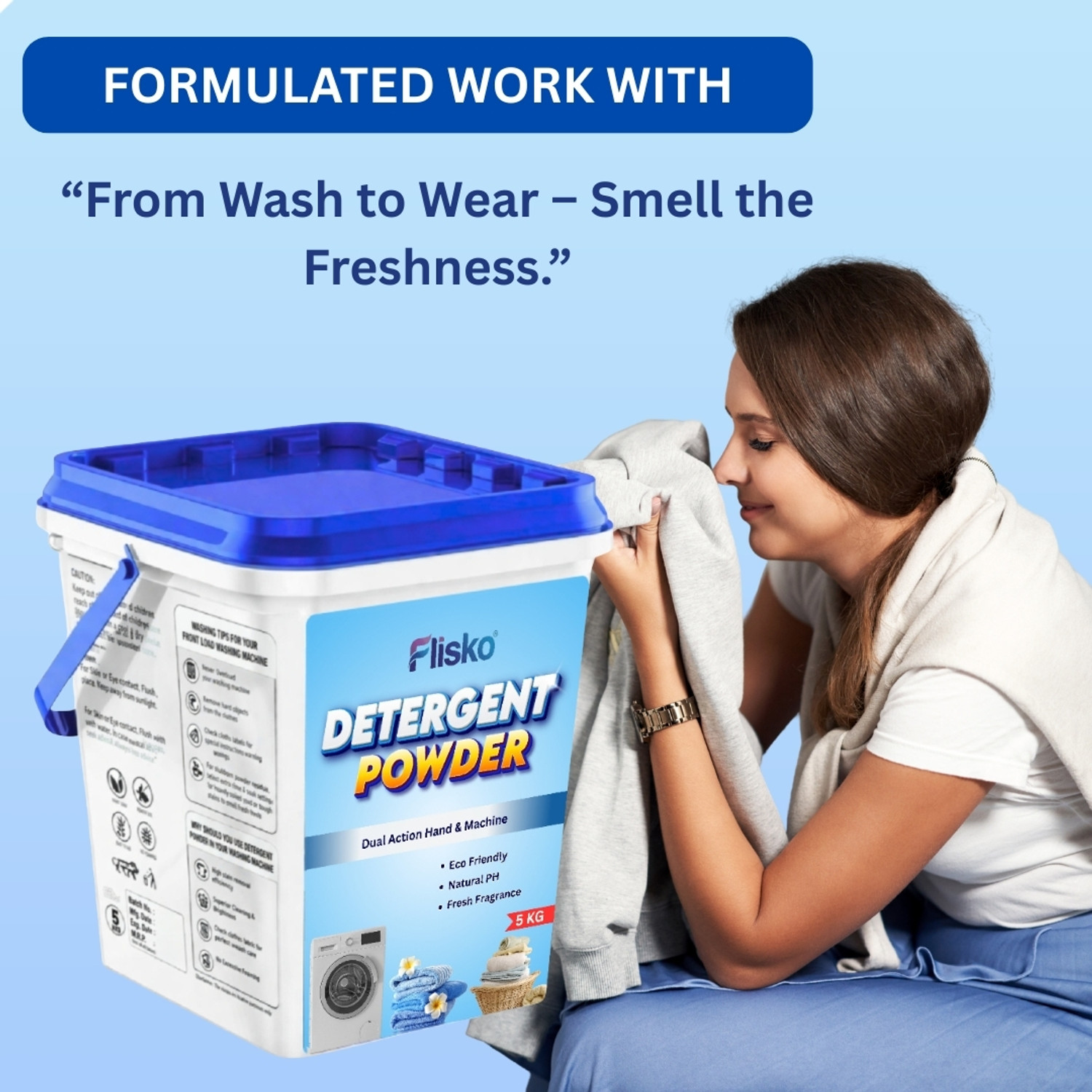 Image of Flisko Detergent Powder 5KG Powerful Wash Formula Bright Clothes Fresh Fragrance Detergent Powder (Fresh) (5 kg)