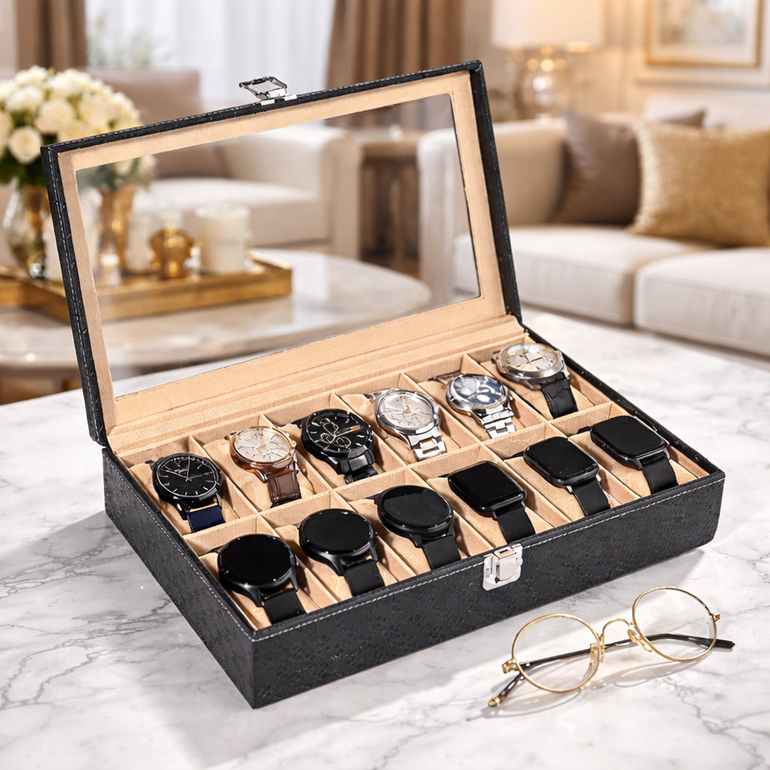 Image of Alika Royal Black Watch Case, Watch Organiser for Men`s and Women`s Watch Box (Black, Red, Holds 12 Watches)