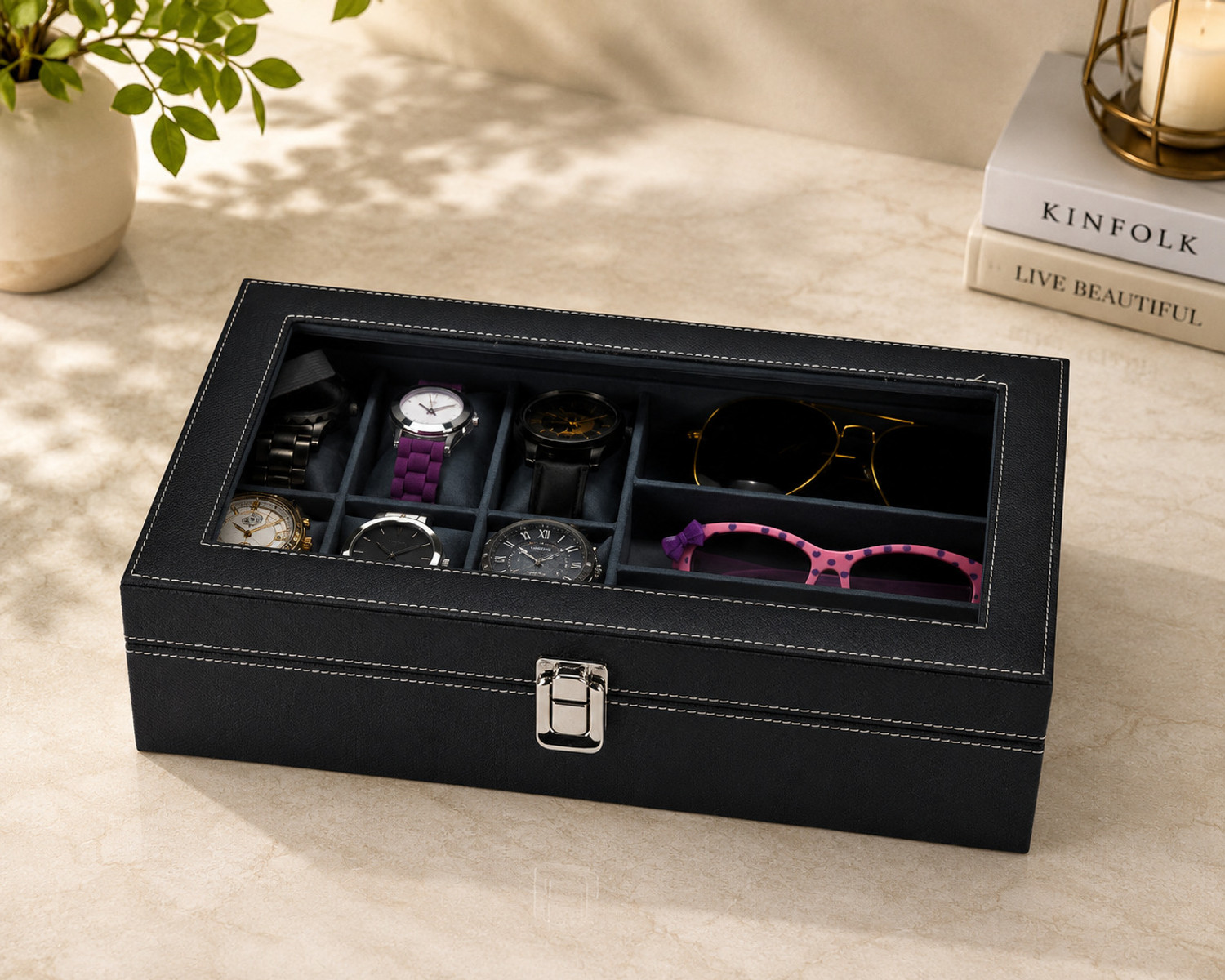 Image of STORESHINE Men's and Women's Watch Box Holder Organizer Case in Black color(6 Compartments) Watch Box (Black, Holds 9 Watches)
