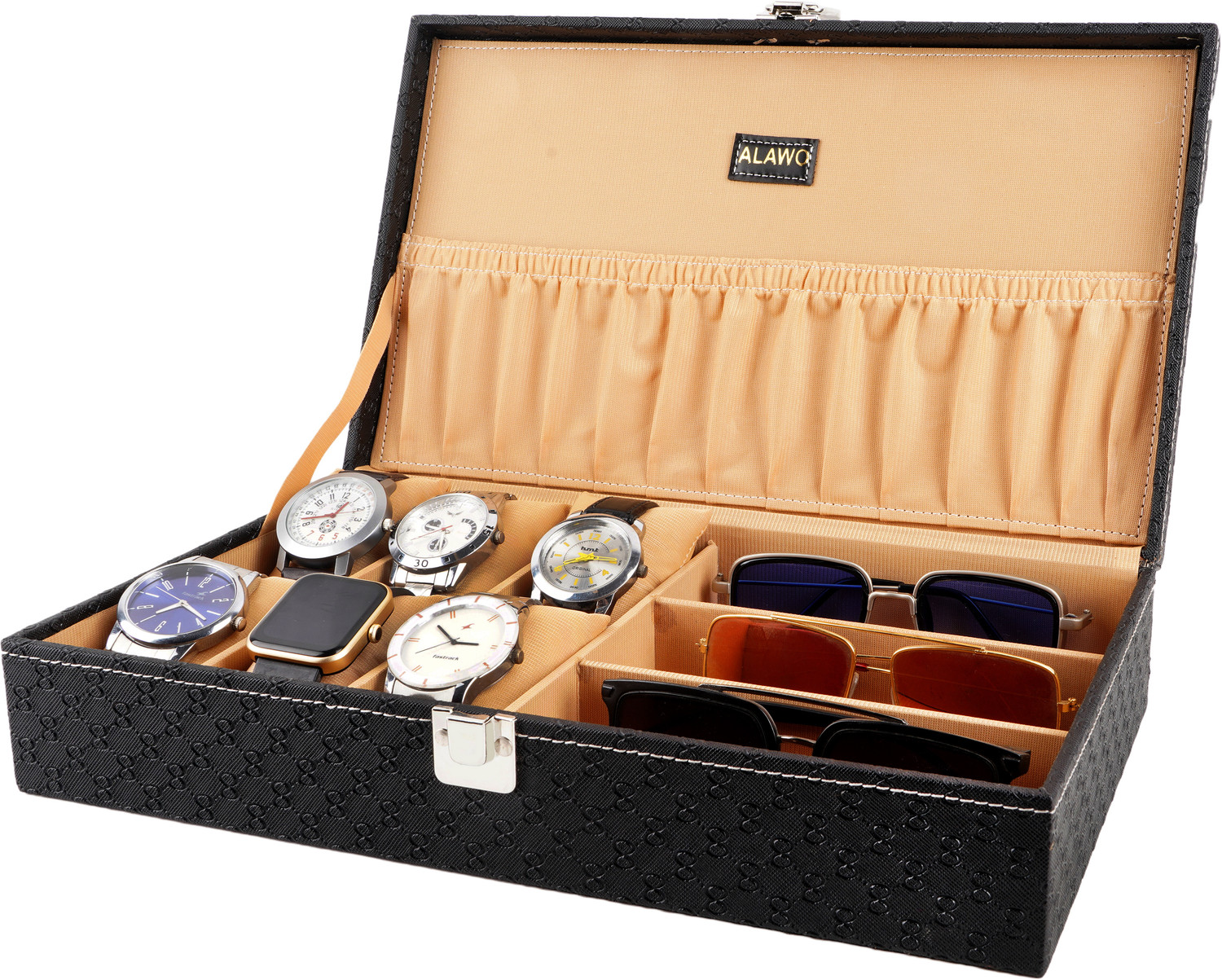 Image of ALAWO Watch Box & Sunglasses Case with 6 Slots for Watches and 3 Slots for Sunglasses Watch Box (Black, Holds 9 Watches)