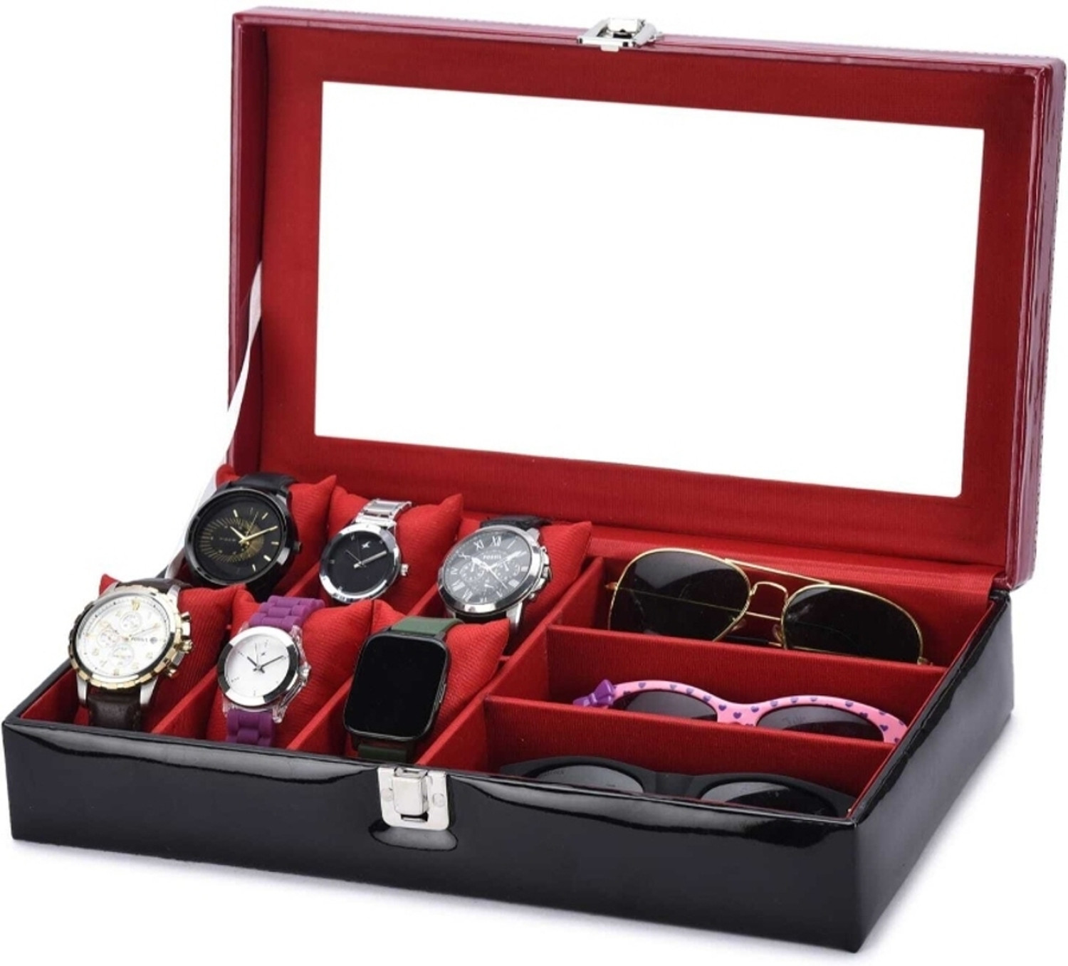 Image of ALAWO Watch Box & Sunglasses Case with 6 Slots for Watches and 3 Slots for Sunglasses Watch Box (Black, Holds 9 Watches)