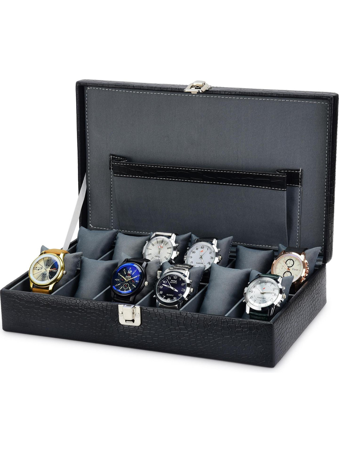 Image of STORESHINE Men's and Women's Watch Box Holder Organizer Case in Black color(6 Compartments) Watch Box (Black, Grey, Holds 12 Watches)