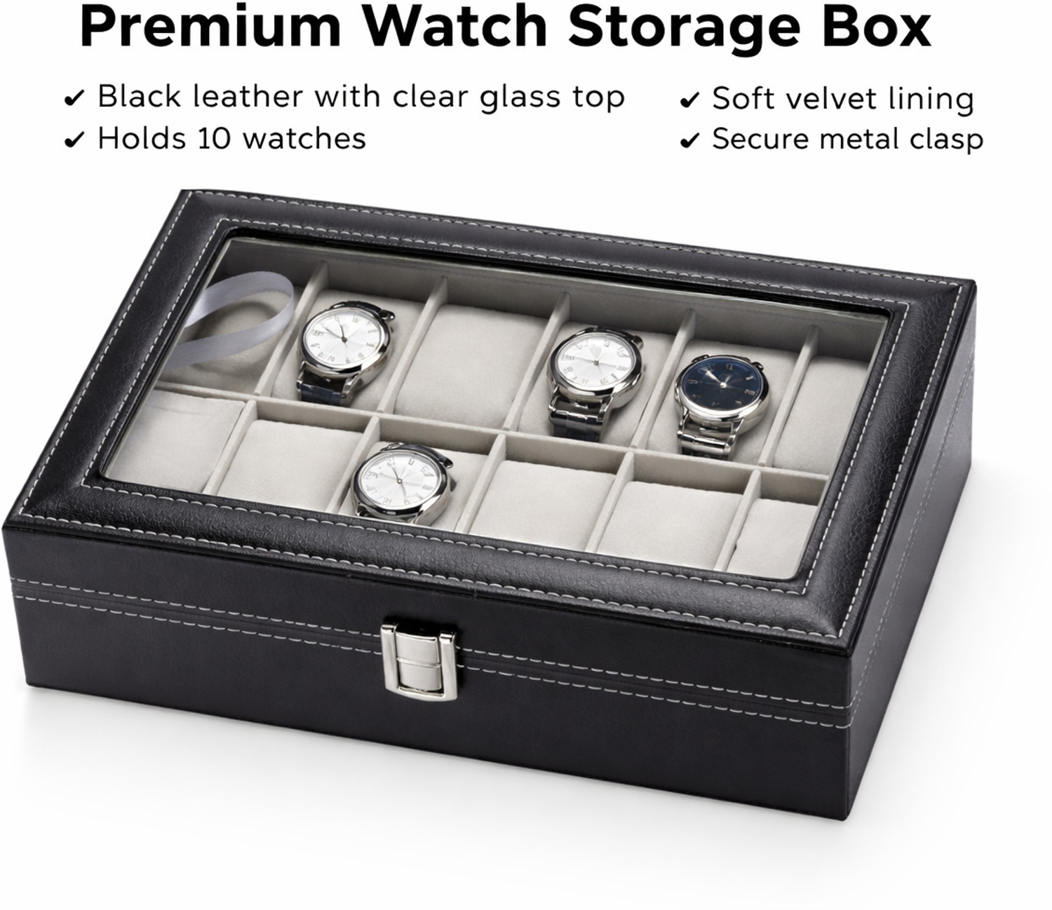 Image of WATCHHUT Men's and Women's Watch Box Holder Organizer Case in Black color in Watch Box (Black, Holds 10 Watches)