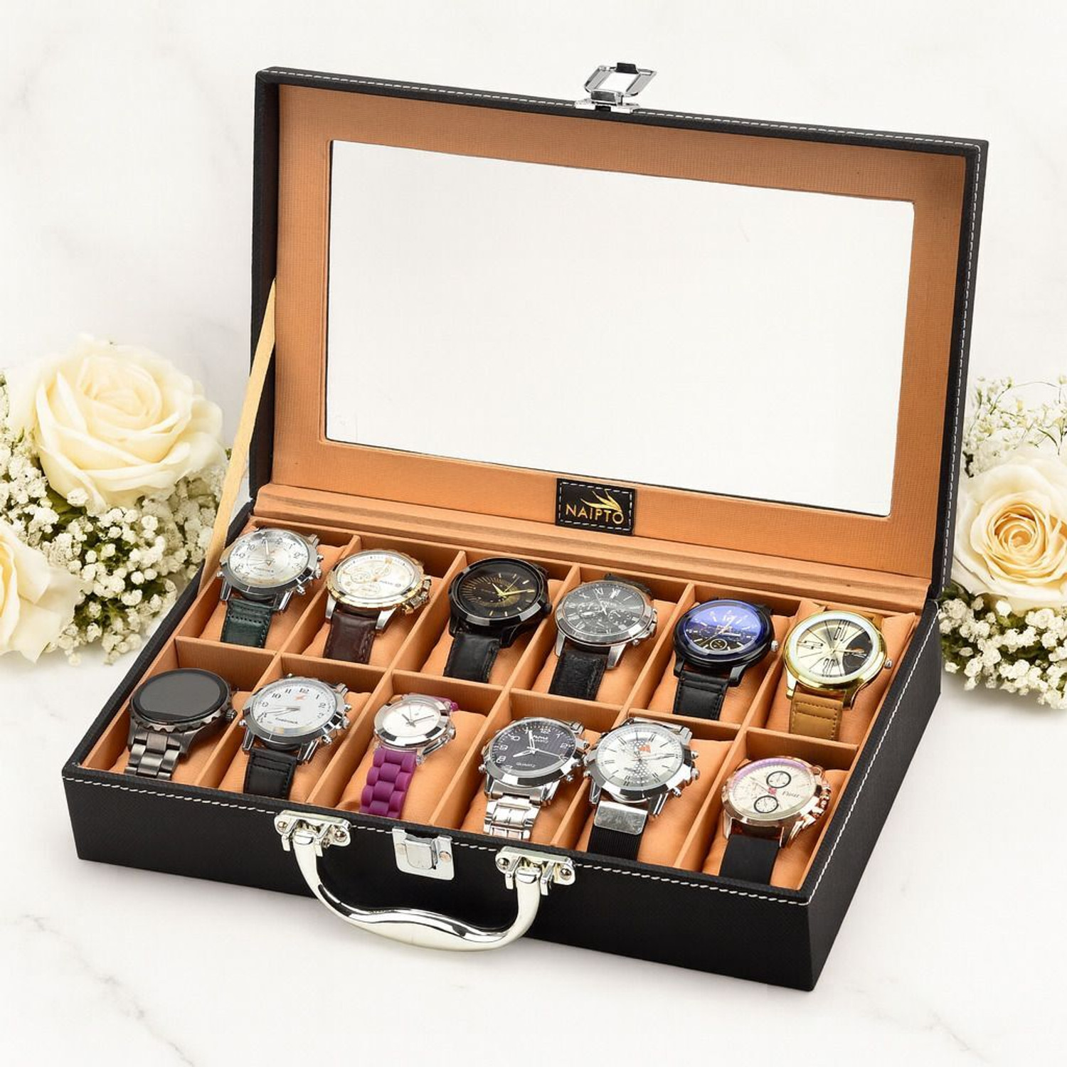 Image of STORESHINE Men's and Women's Watch Box Holder Organizer Case in Black color(6 Compartments) Watch Box (Black, Holds 9 Watches)