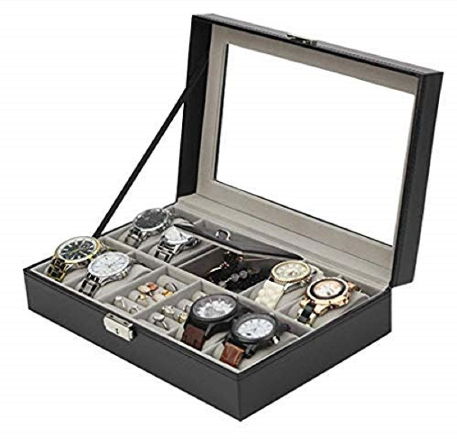 Image of ALAWO Watch Box & Sunglasses Case with 6 Slots for Watches and 3 Slots for Sunglasses Watch Box (Black, Holds 9 Watches)