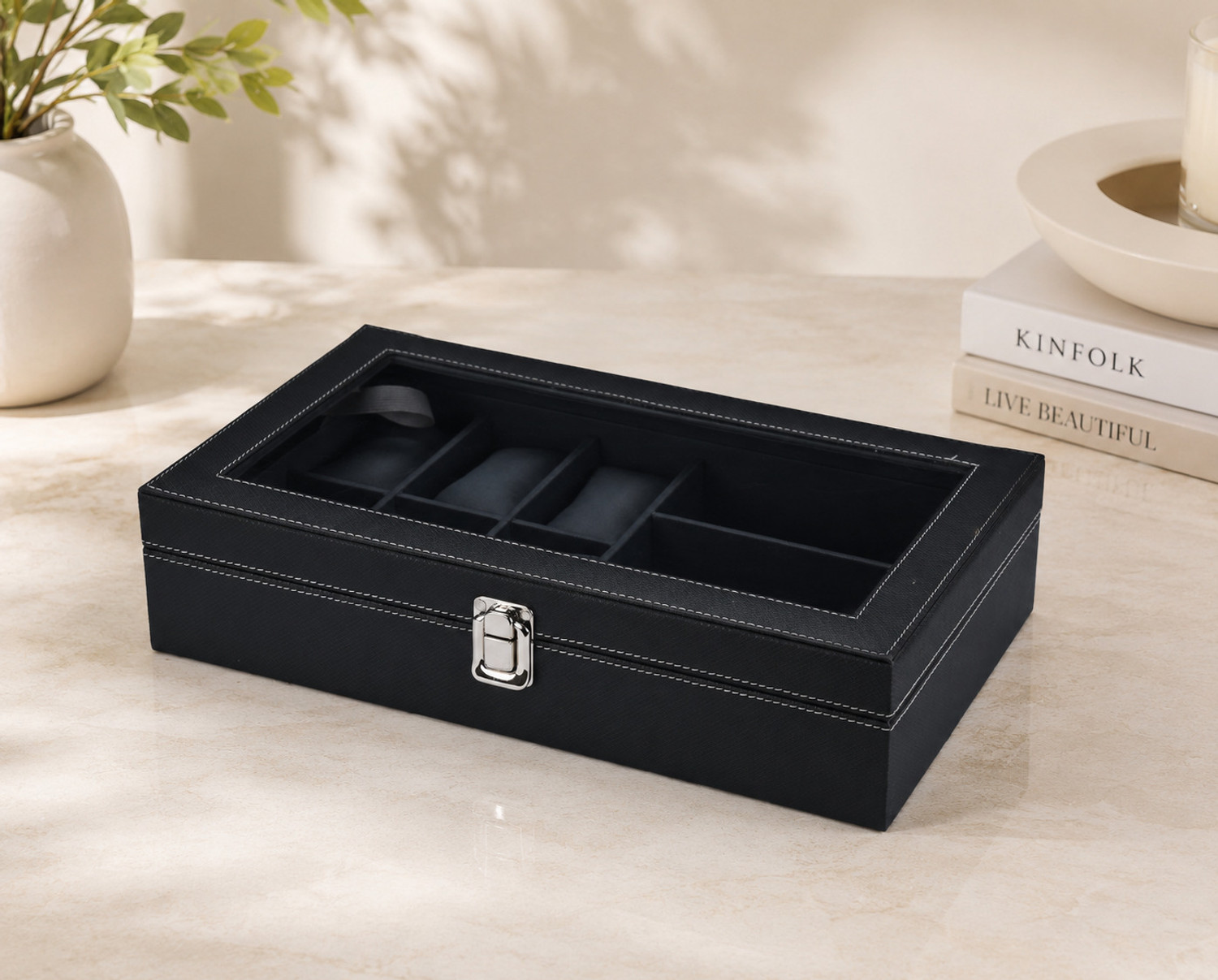 Image of STORESHINE Men's and Women's Watch Box Holder Organizer Case in Black color(6 Compartments) Watch Box (Black, Holds 9 Watches)