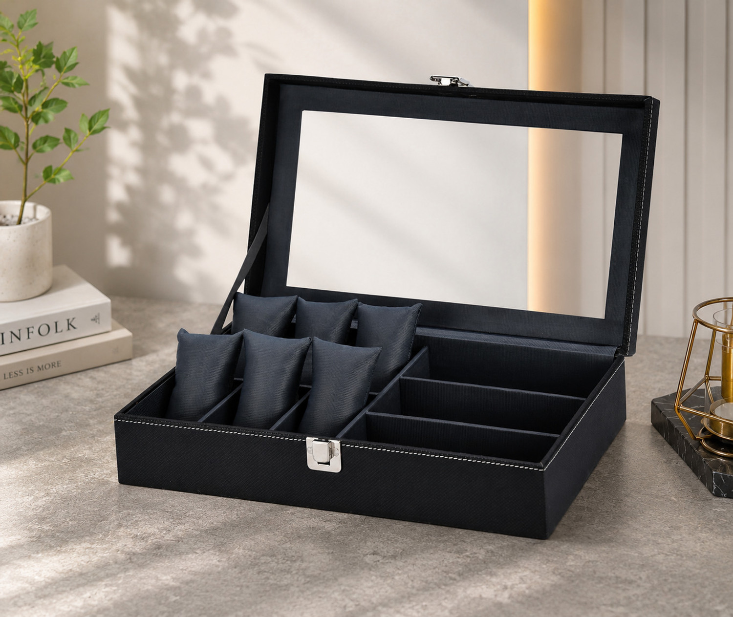 Image of STORESHINE Men's and Women's Watch Box Holder Organizer Case in Black color(6 Compartments) Watch Box (Black, Holds 9 Watches)