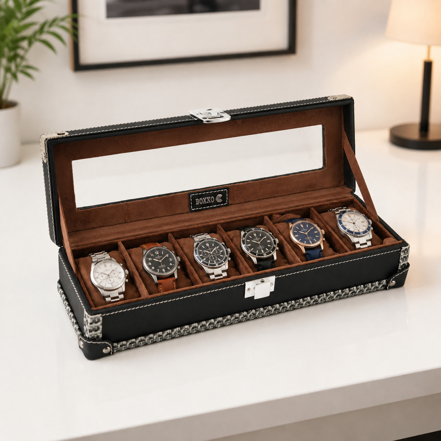 Image of STORESHINE Men's and Women's Watch Box Holder Organizer Case in Black color(6 Compartments) Watch Box (Black, Holds 9 Watches)