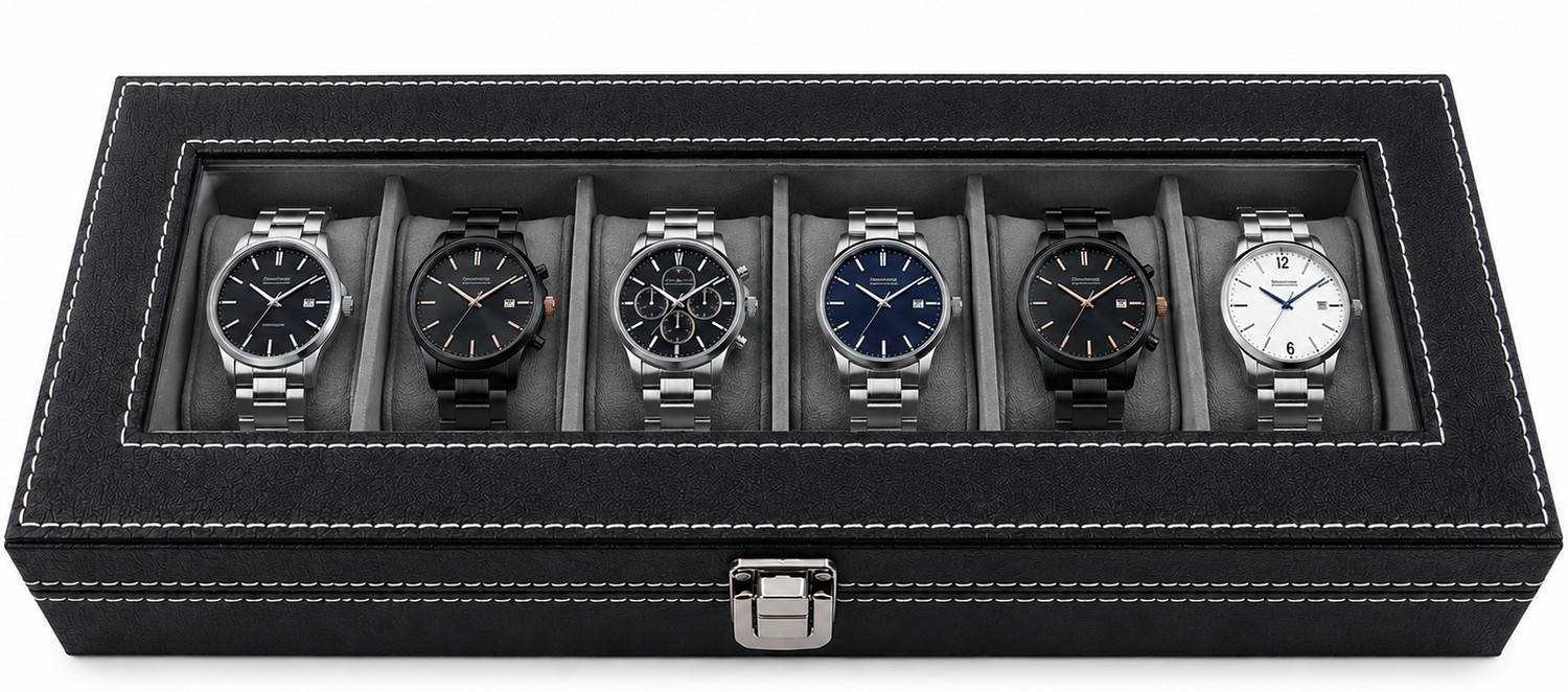 Image of WATCHHUT Men's and Women's Watch Box Holder Organizer Case in Black color in Watch Box (Black, Holds 10 Watches)