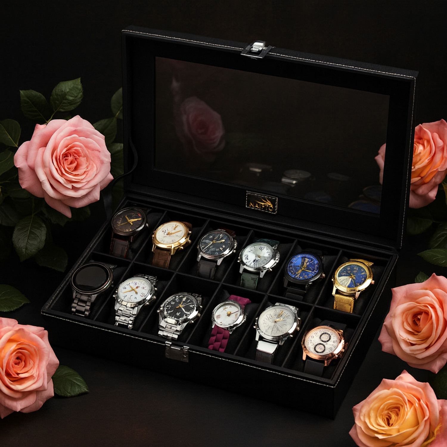 Image of Alika Royal Black Watch Case, Watch Organiser for Men`s and Women`s Watch Box (Black, Red, Holds 12 Watches)