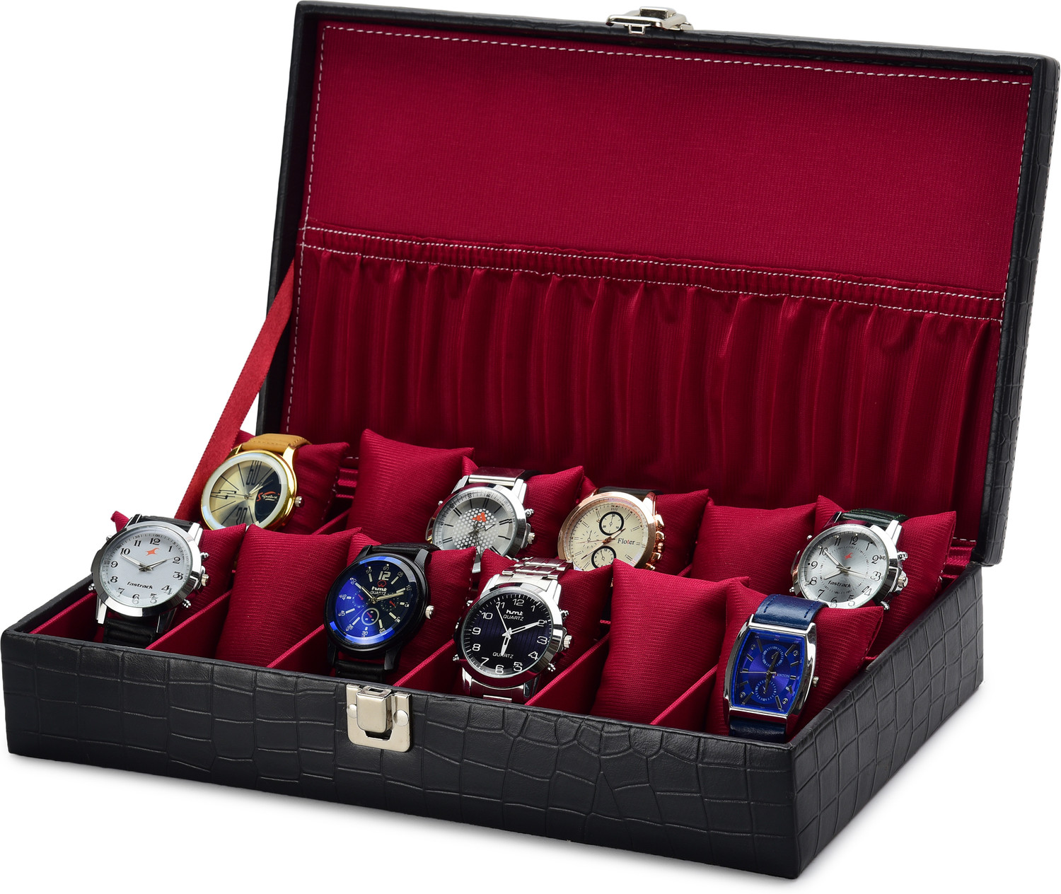 Image of Alika Royal Black Watch Case, Watch Organiser for Men`s and Women`s Watch Box (Black, Red, Holds 12 Watches)