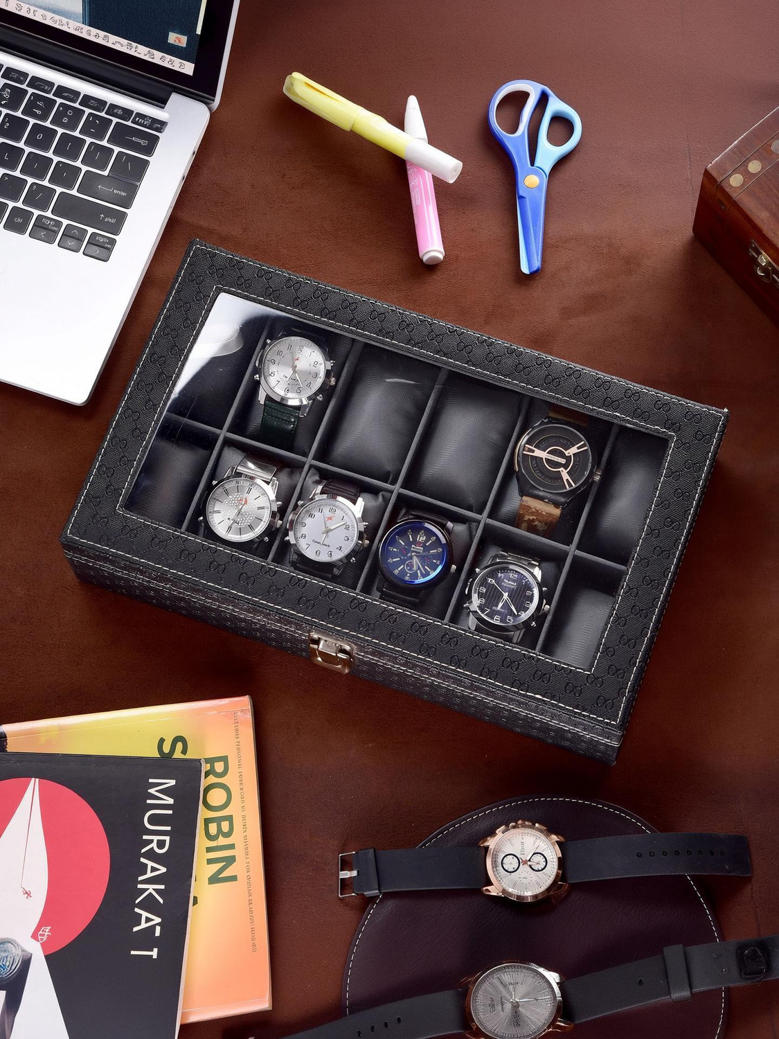 Image of WATCHHUT Men's and Women's Watch Box Holder Organizer Case in Black and gray color in. Watch Box (Black, Holds 10 Watches)