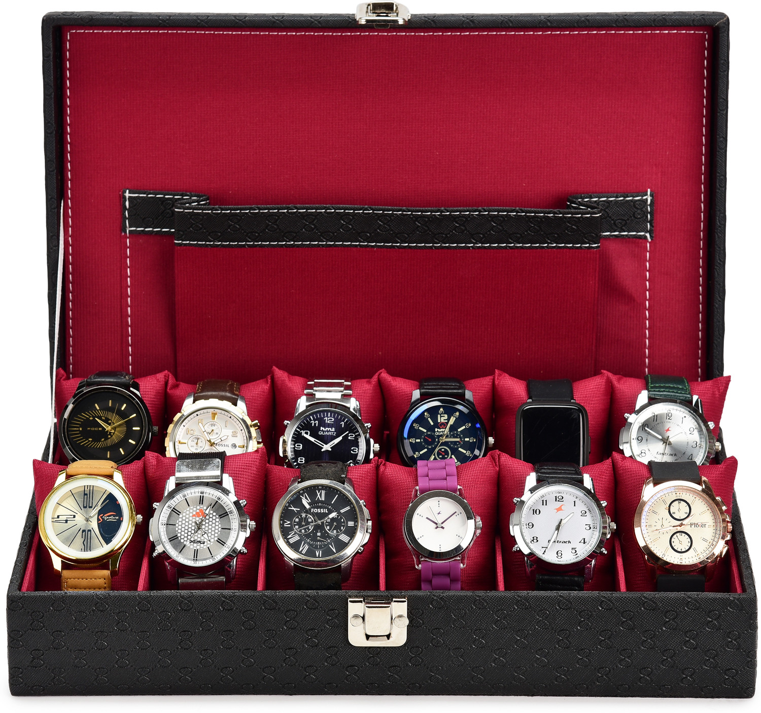 Image of Alika Royal Black Watch Case, Watch Organiser for Men`s and Women`s Watch Box (Black, Red, Holds 12 Watches)